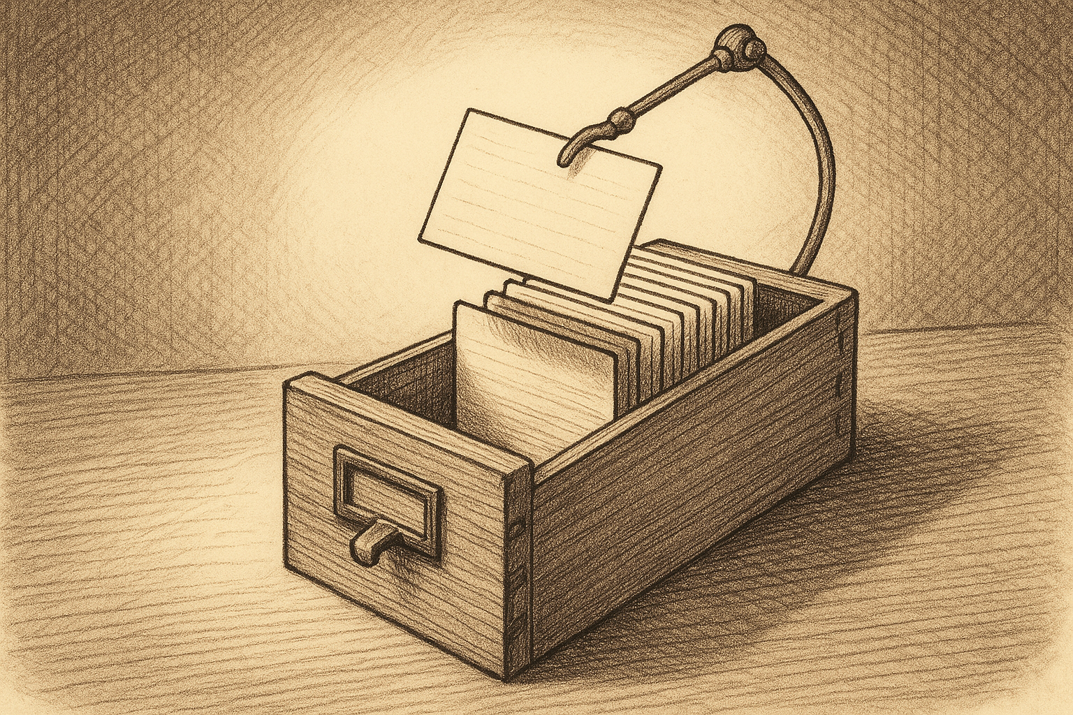 A small wooden card catalog drawer pulled open on a desk, holding only a handful of upright cards with the rest of the slot empty, while a slim brass arm poised above lifts the topmost card free