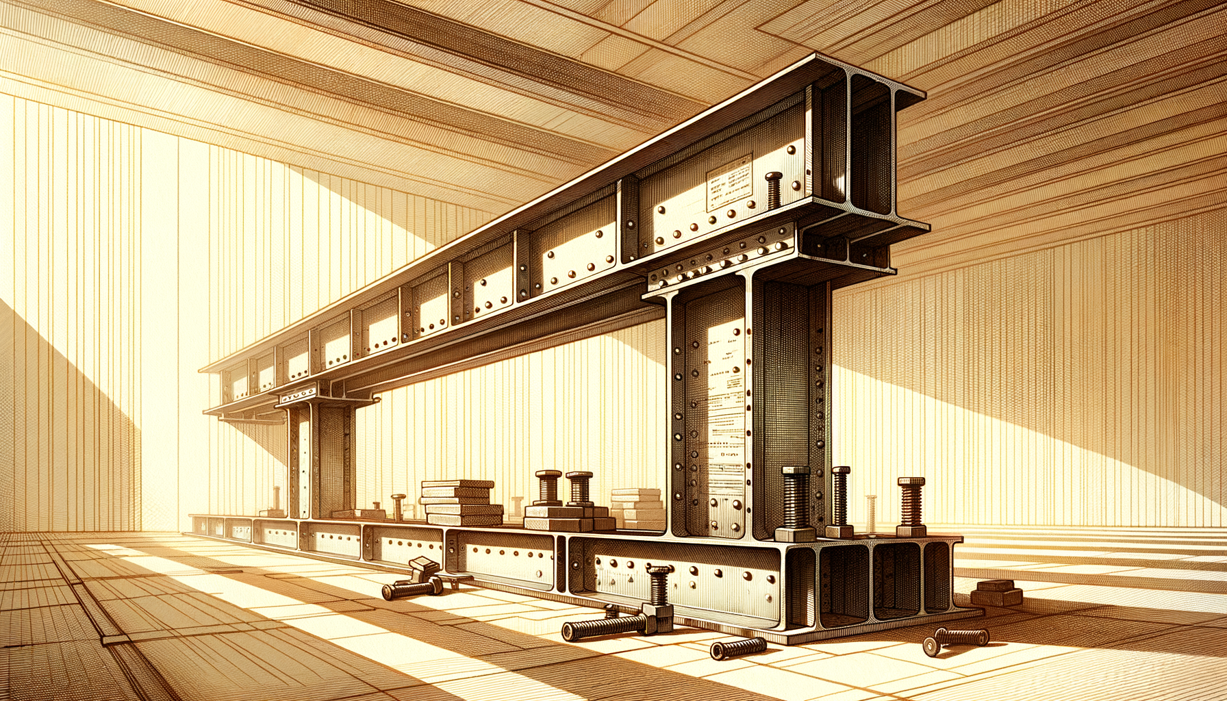 A steel I-beam laid horizontally as a structural support, its flank stamped with a neatly engraved parts list, with smaller construction beams and rivets resting against it