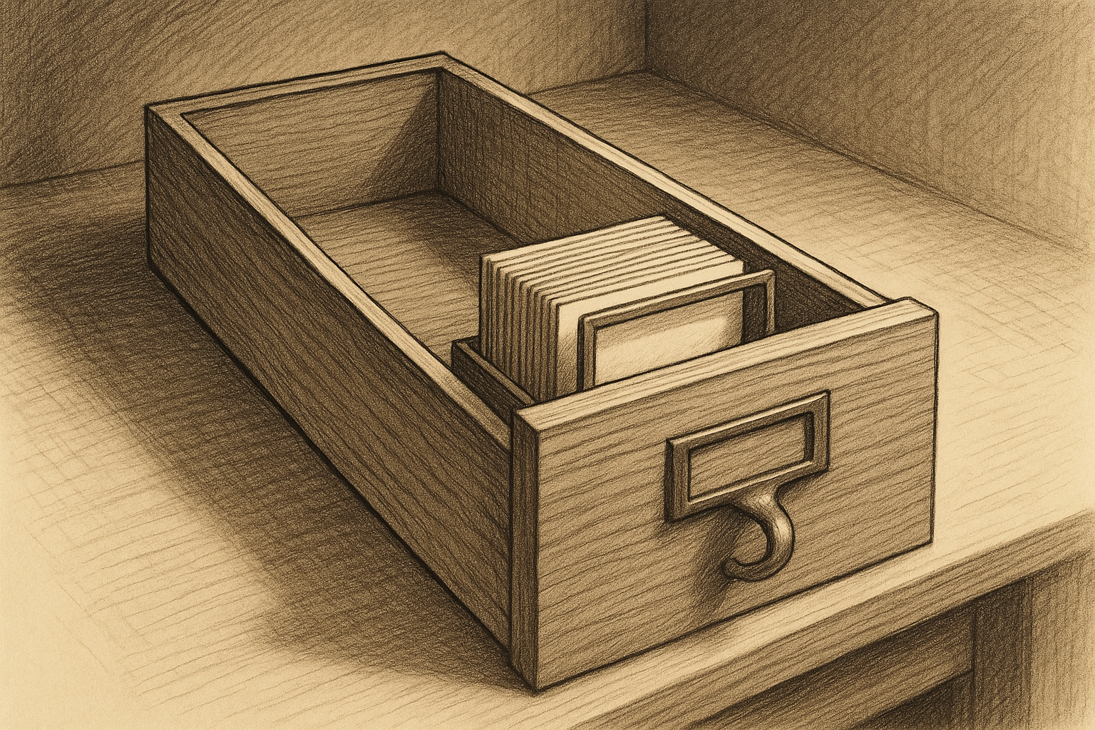 A wooden card catalog drawer pulled open on a desk, with a narrow brass frame fitted inside it that bounds a small tight stack of cards at the front, while the rest of the drawer behind the frame sits empty