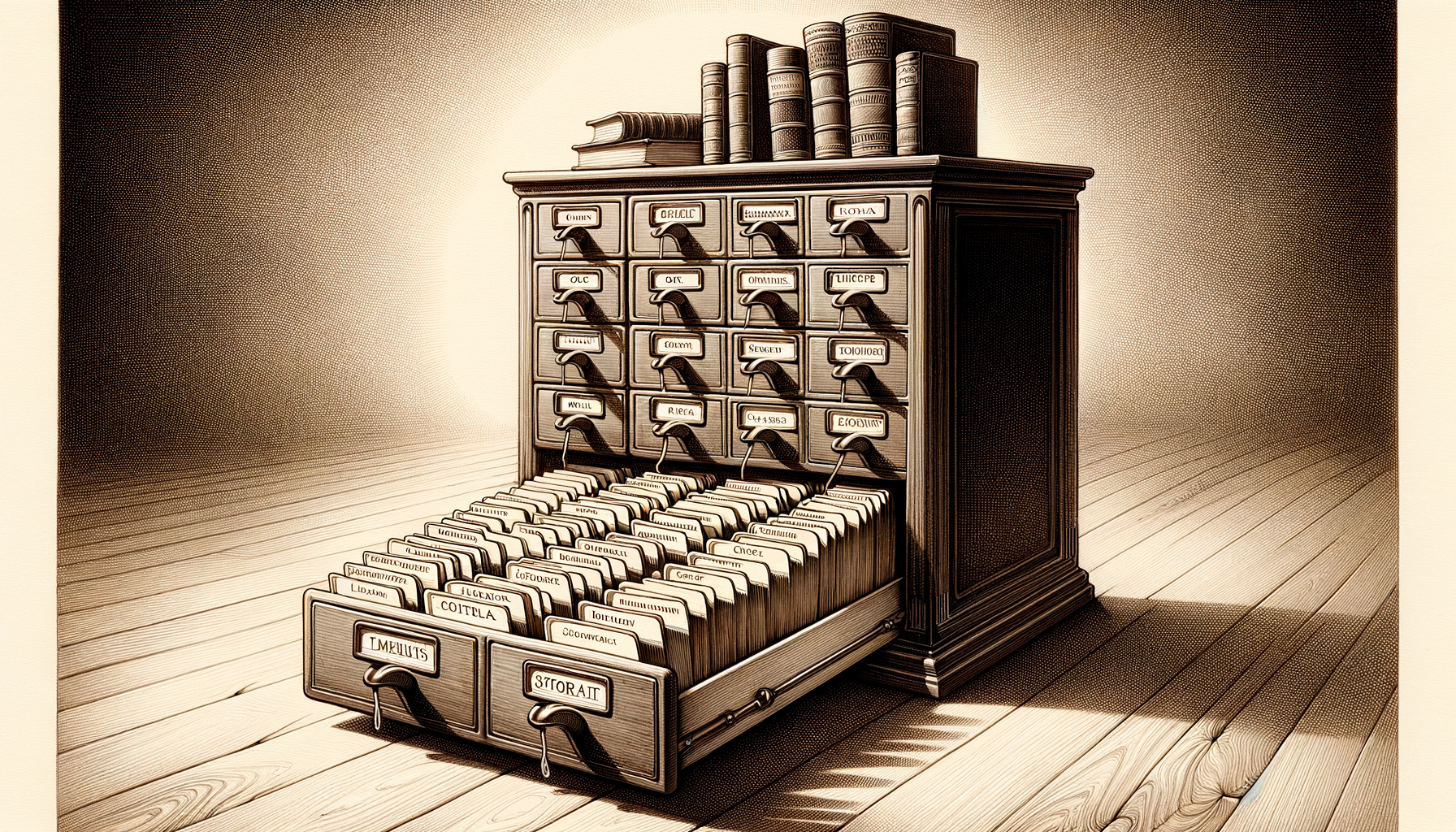 A librarian's card catalog with one drawer pulled open, several index cards standing upright in the drawer, each card connected by a single taut thread to a specific book on the shelf above
