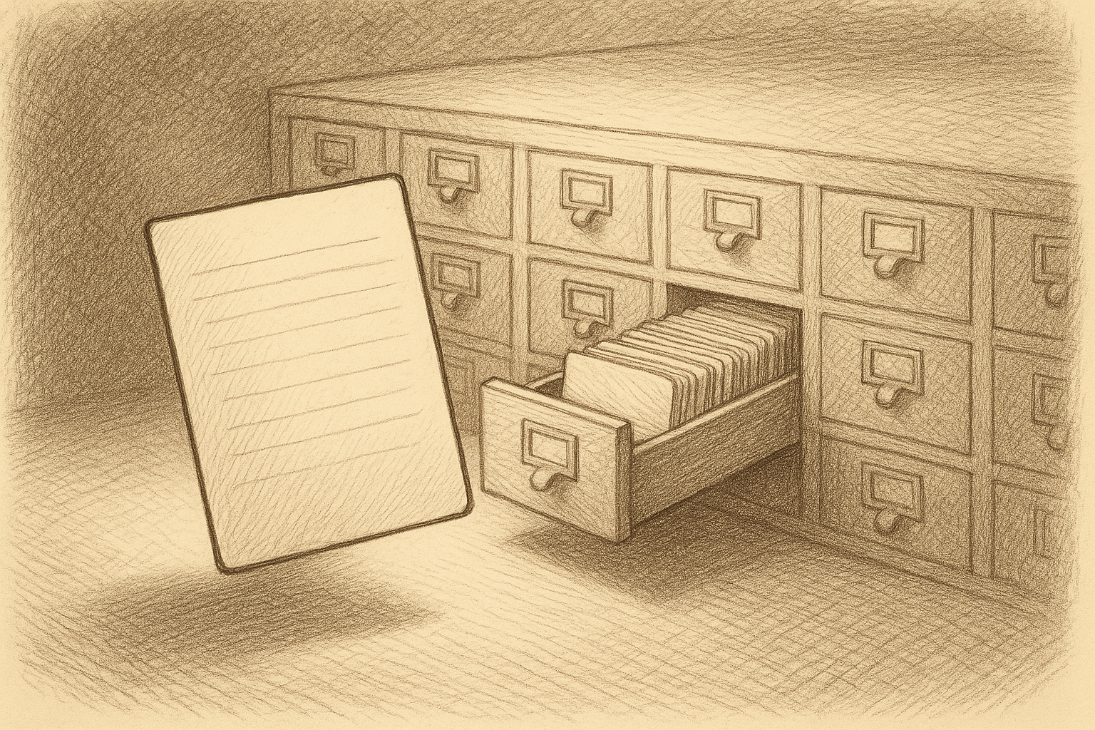 A long wooden library card catalog with one drawer pulled partway open, the index cards standing upright in tight order inside, and a single card lifted out and held upright in the foreground as if being read