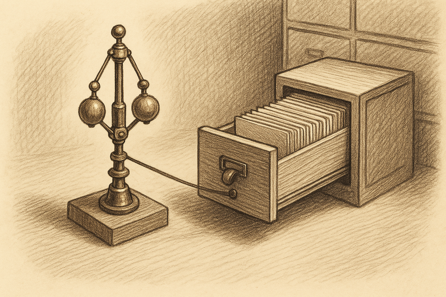 A brass flyball governor mounted on a small wooden base, connected by a slender drive belt to the pulled-out drawer of a wooden card catalog, the drawer half-open to reveal tightly ordered index cards