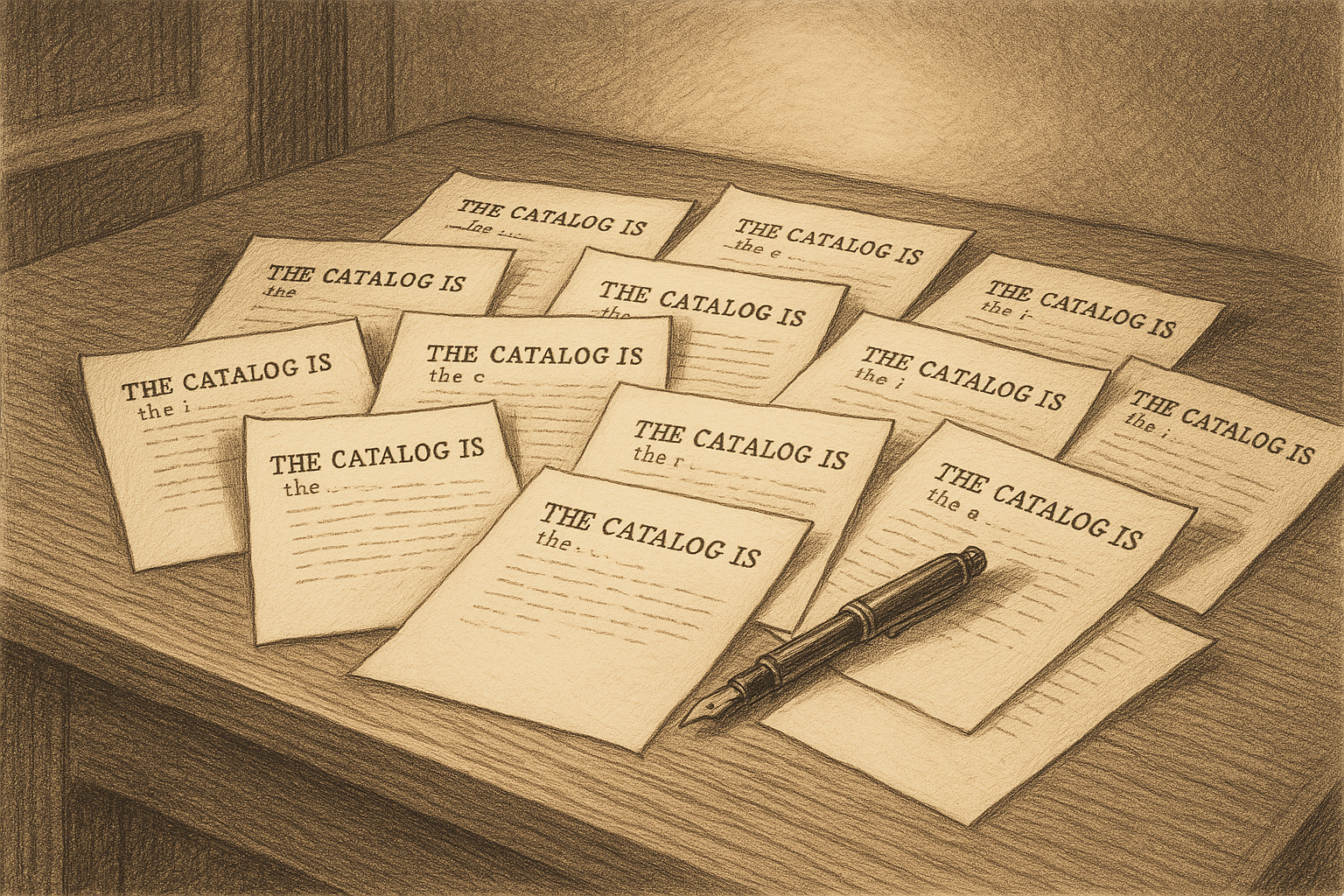 A writing desk strewn with twelve nearly identical typed pages fanned across its surface, each sheet headed "The Catalog Is" in the same typewriter face but trailing off into different unfinished phrases, with a single uncapped fountain pen resting idle on top of the stack