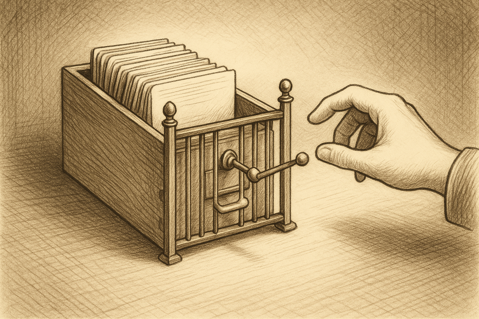 A wooden card catalog drawer behind a small brass gate, with a human hand reaching toward the cards and being stopped by a slender brass arm extended from the gate's mechanism
