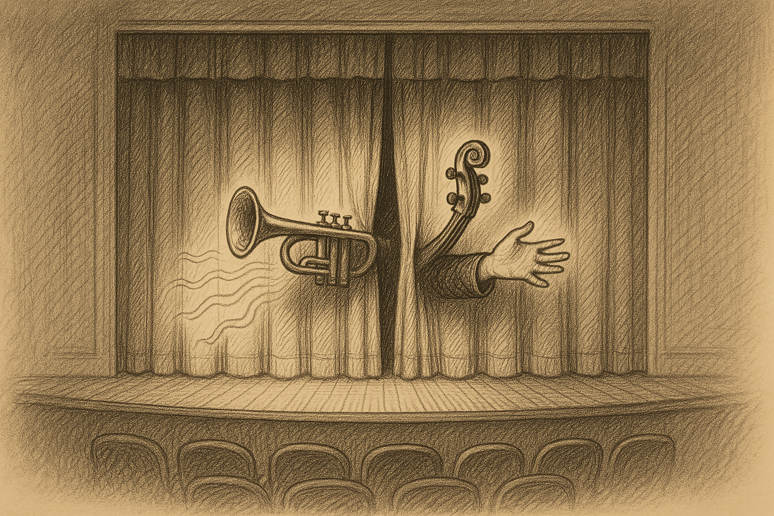 A theater stage with the heavy velvet curtain drawn fully closed across the proscenium, while from behind the curtain a brass trumpet bell, a violin scroll, and a singer's outstretched hand protrude through the gap at the curtain's center, sound visibly spilling out into the empty auditorium below