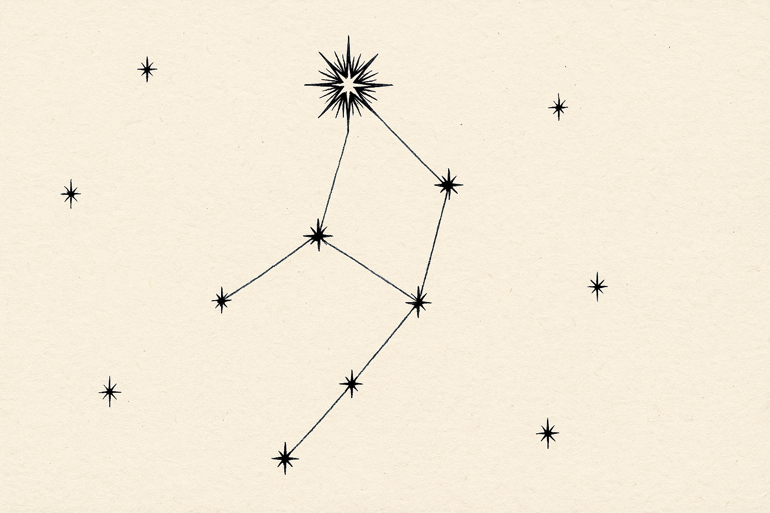 Pen-and-ink celestial chart: stars connected by clean ruled lines, with a brighter star at the upper center anchoring the constellation.
