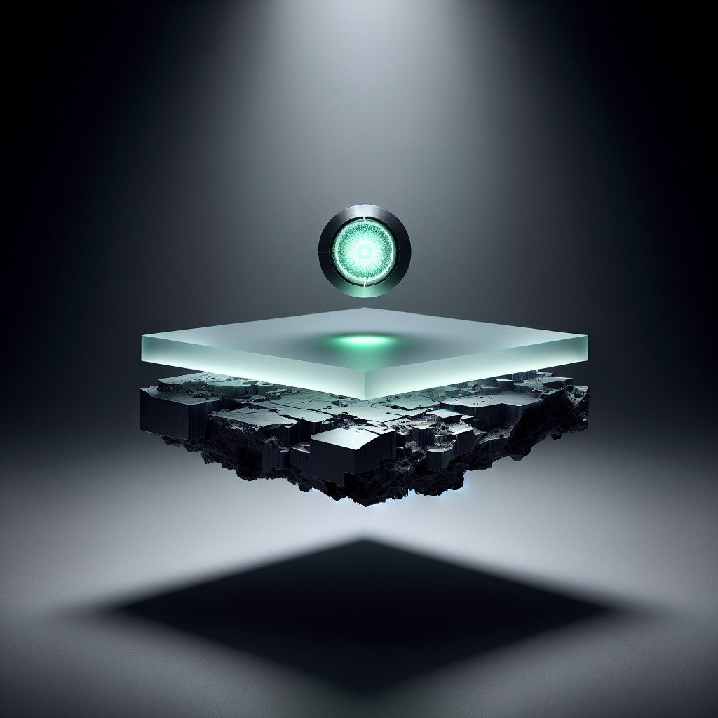 A high-fidelity macro photograph of a floating slab of precision-milled frosted glass against a seamless matte grey void. On the top surface, a glowing, minimalist neon-green circle is perfectly centered. Underneath the glass, the supporting aluminum structure is violently fractured with a sharp, obsidian-black crack.