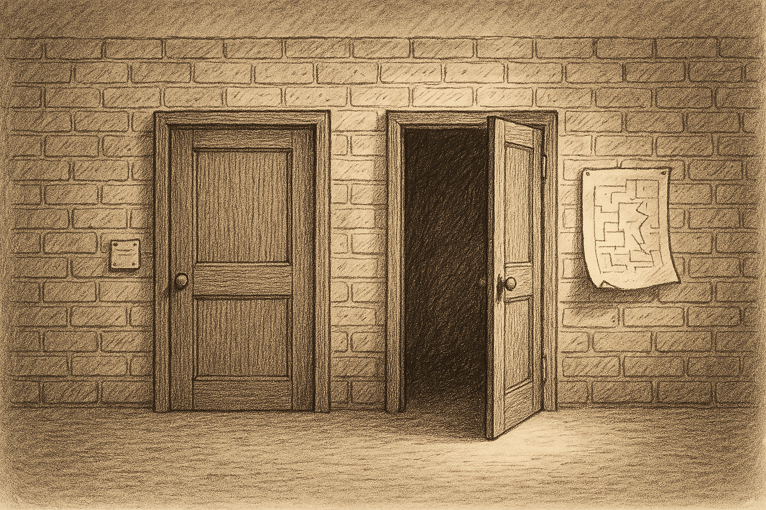 A long brick wall with two doors set into it side by side: the left door closed and bearing a small machine-readable plaque mounted at eye level, the right door standing ajar with a curling paper schema pinned to the bricks beside it