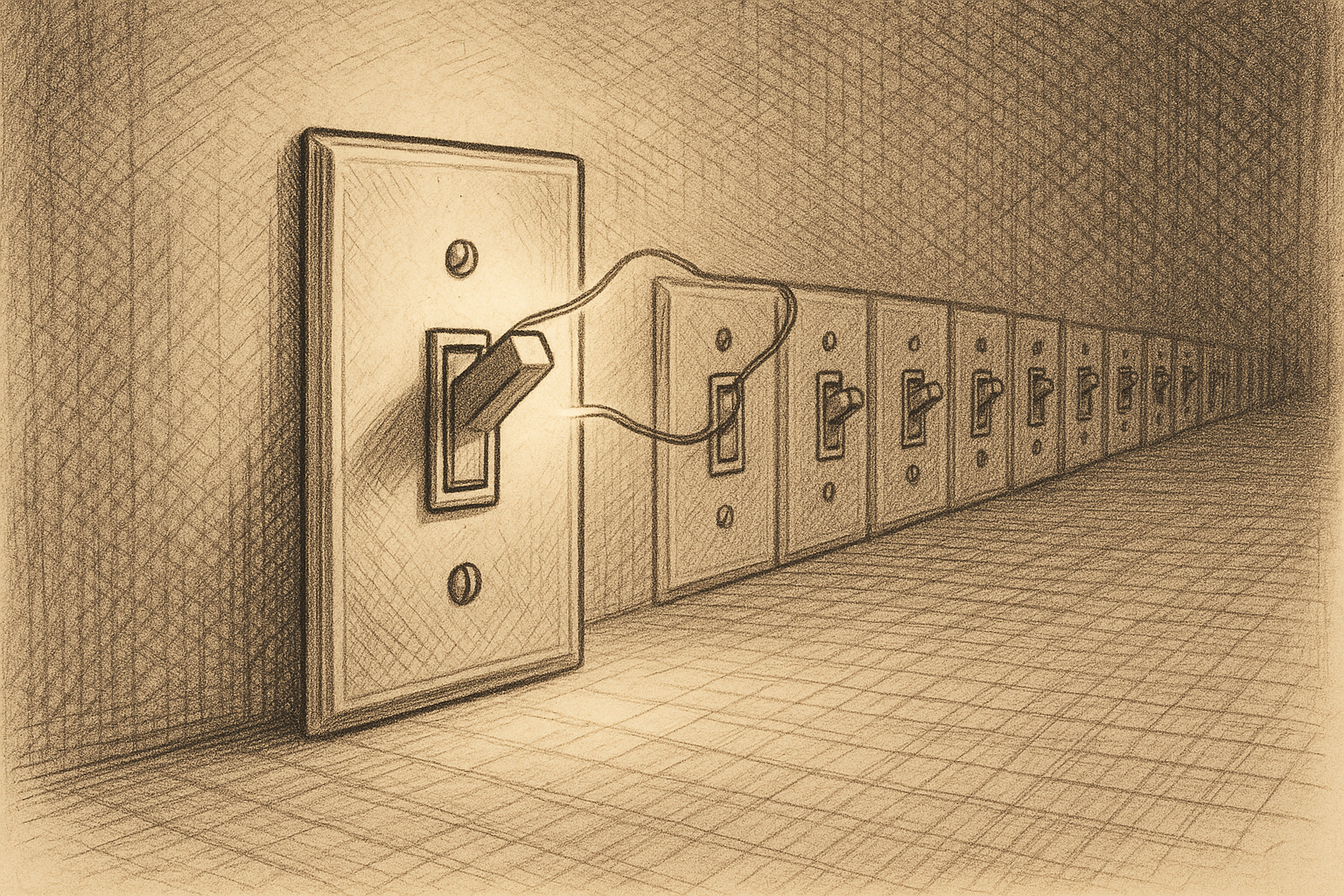 A single light switch on a wall plate flipped to ON, with a long row of identical unlit switches extending behind it in shallow perspective, each one wired to the first by a single visible filament