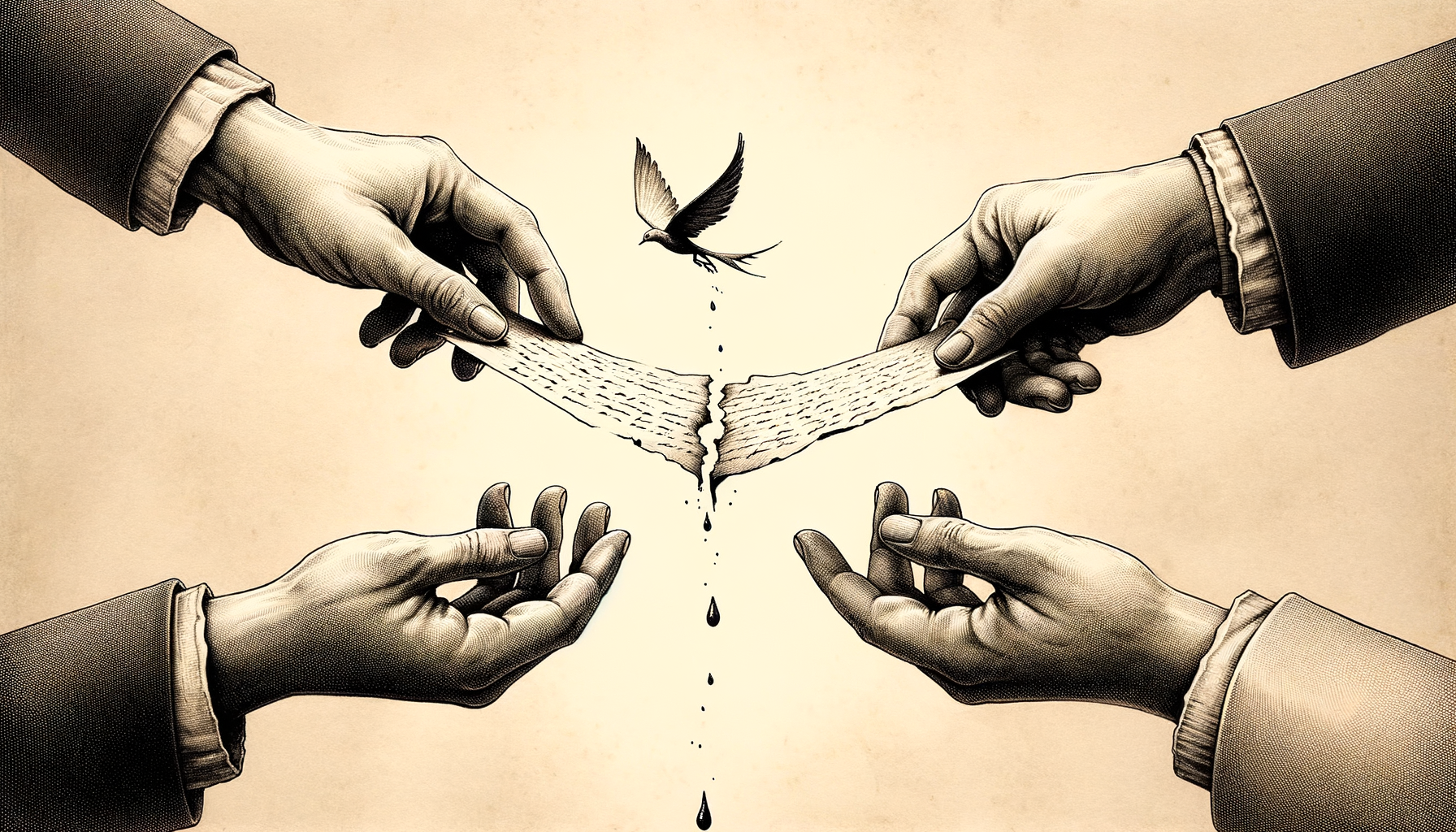 A sheet of paper being passed between two hands across a gap, the paper torn along the seam where it changes hands, with ink droplets falling into the space below