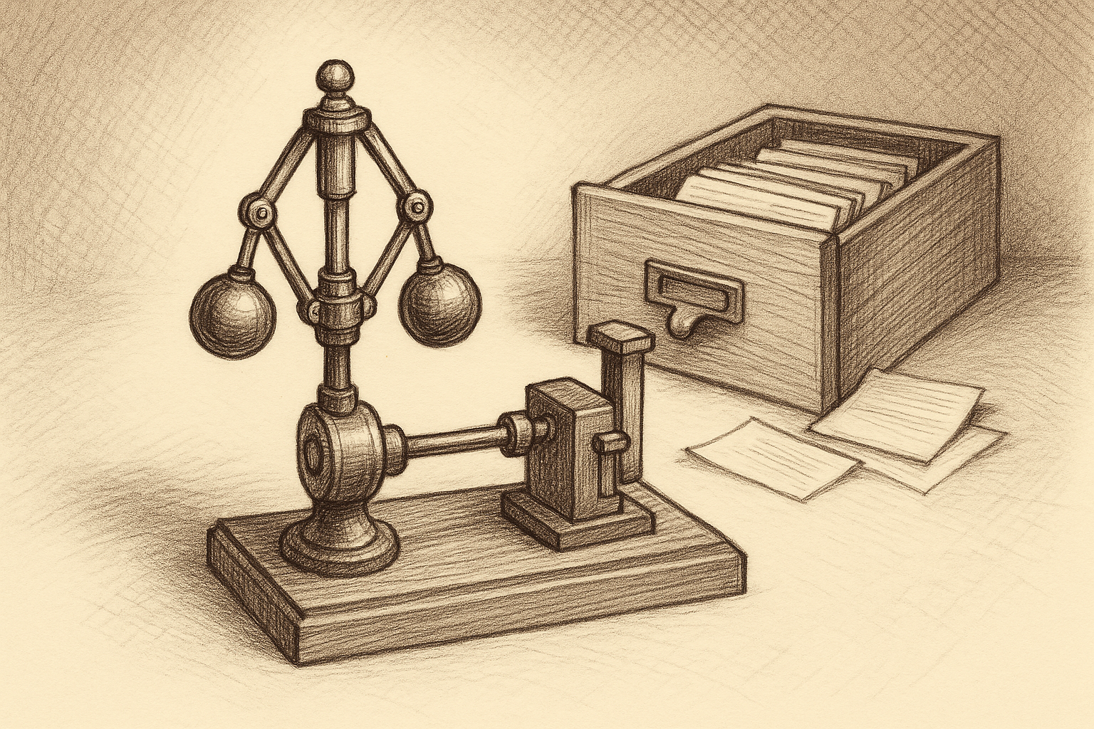 A brass flyball governor and a small mechanical actuator mounted side by side on a single wooden base, joined by one shared drive shaft, with an open card catalog drawer behind them spilling a few index cards onto the surface