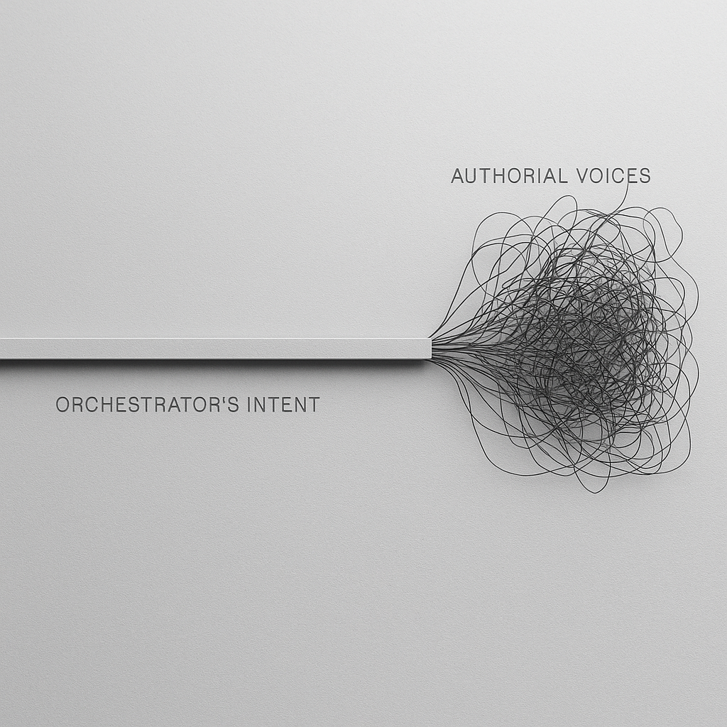 A minimalist architectural diagram: a single, clean white line representing the Orchestrator's intent, branching out into a complex, textured web of authorial voices. The focus is on the gap between the command and the execution.