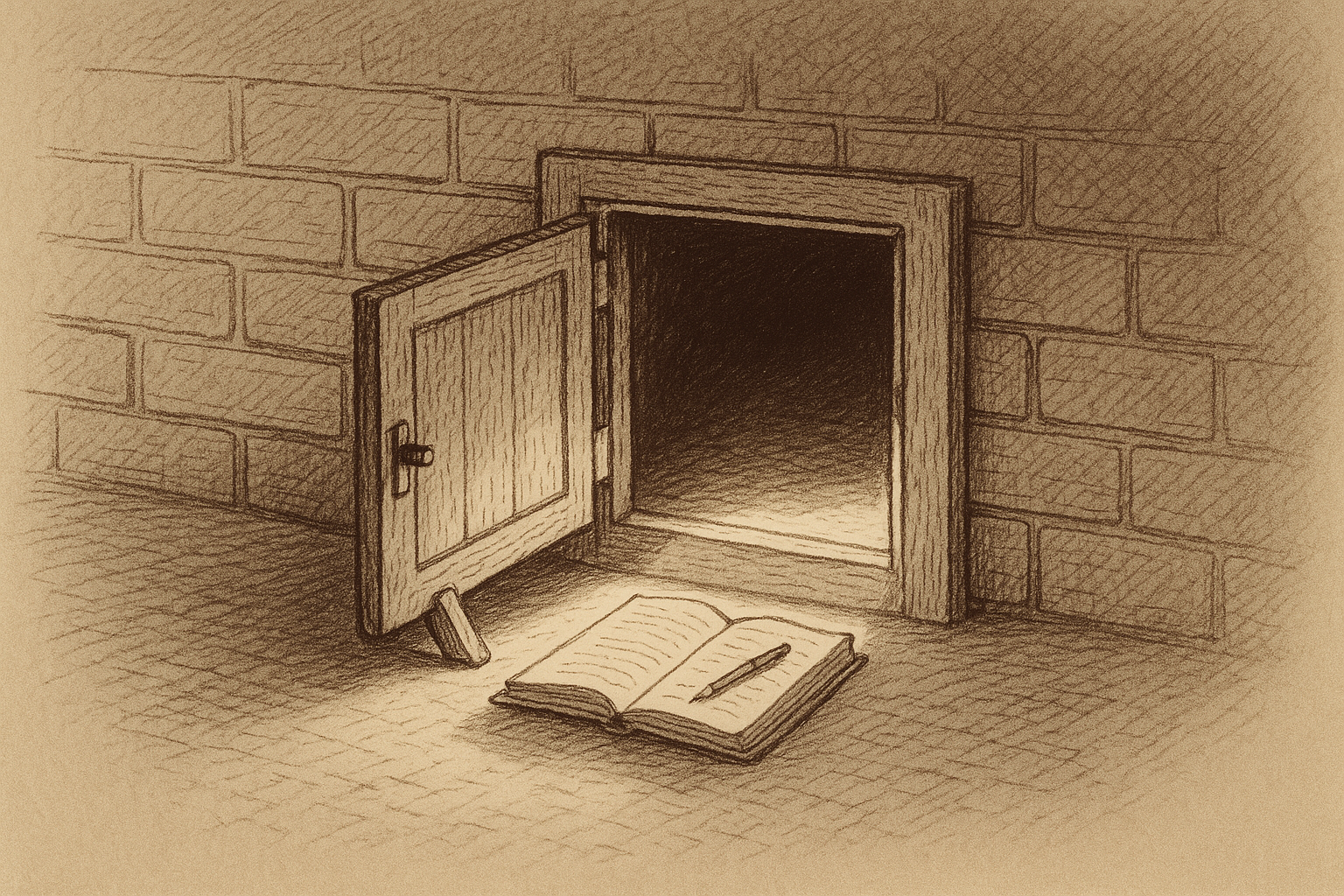 A maintenance hatch set into a long brick wall, propped open with a wooden wedge, with daylight spilling through onto a ledger resting on the threshold