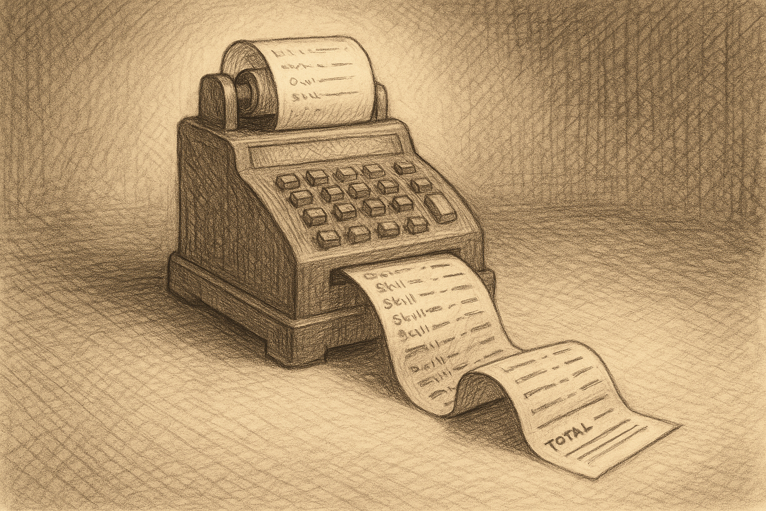A printed receipt unspooling from a small mechanical cash register, the line items labeled with persona and skill names, the totals column trailing down the curling paper to a final sum at the bottom