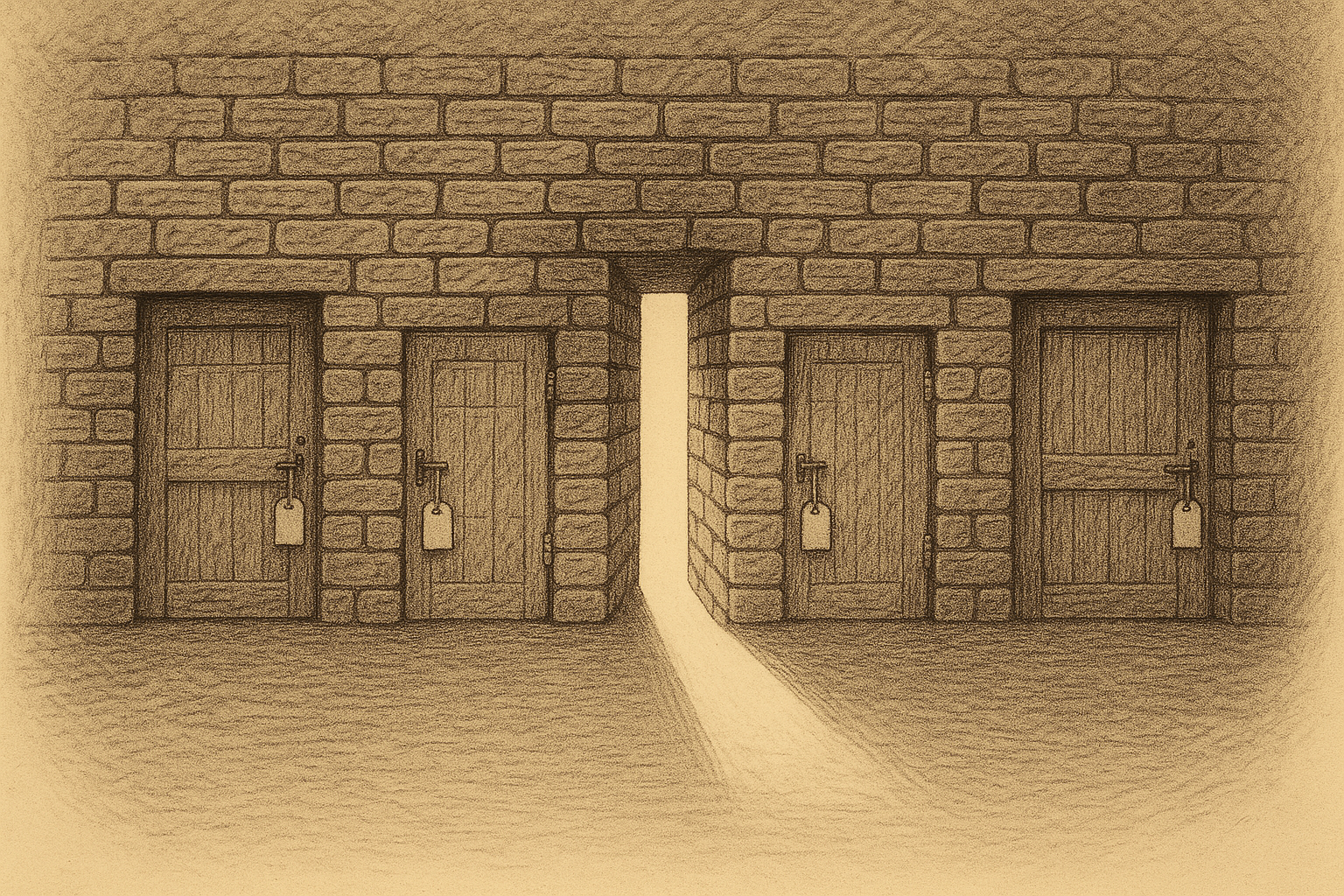 A thick brick wall pierced by a single narrow tunnel with a shaft of light passing cleanly through it, flanked by several heavy wooden doors in the same wall that have been bricked shut, each sealed door labeled with a small paper tag