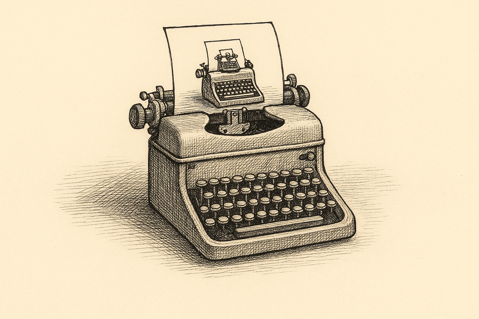 Pen-and-ink illustration: a recipe card propped against a typewriter, the card half-written and the typewriter mid-keystroke, both on the same desk, New Yorker style, crosshatch shading.