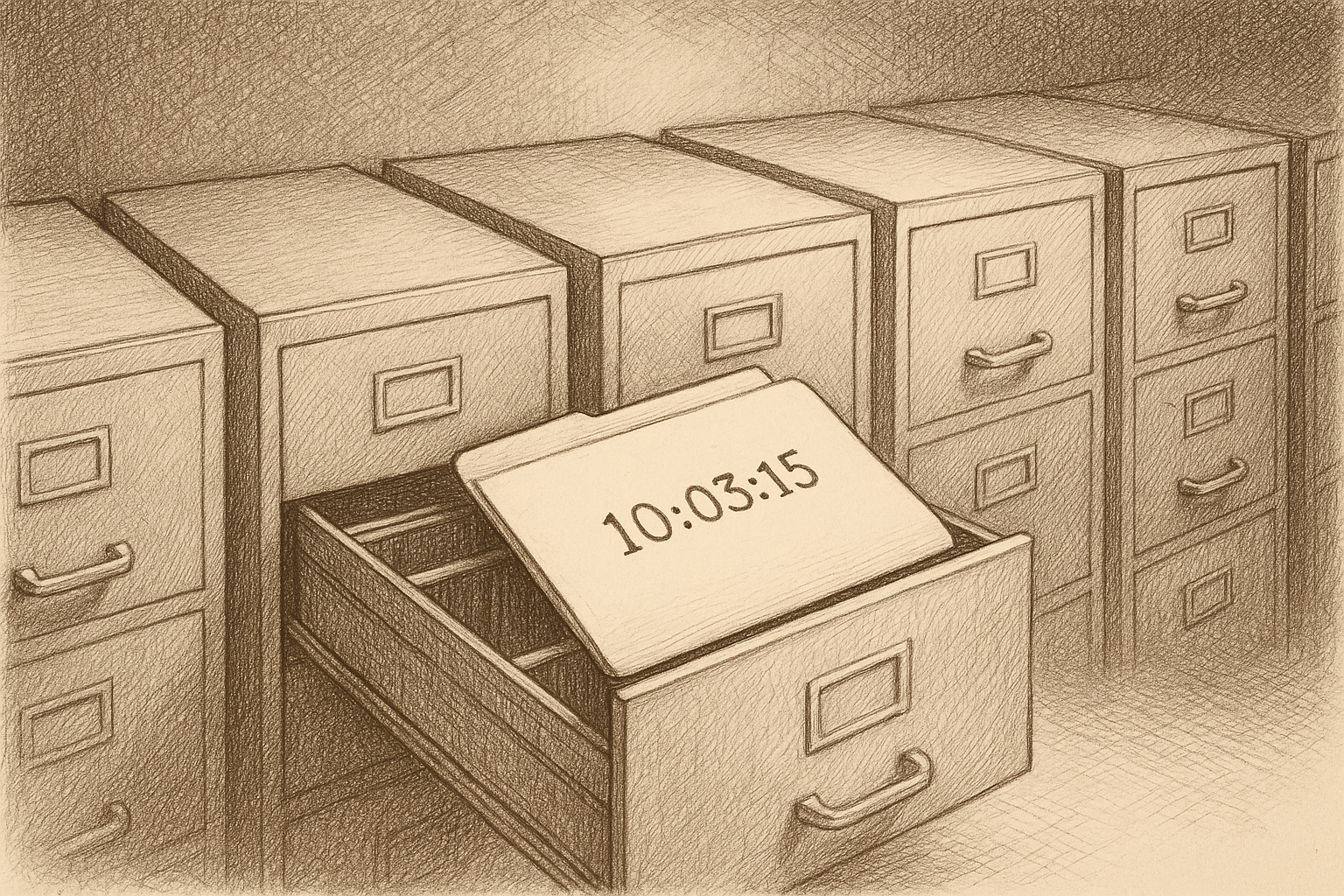 A row of filing cabinets with one drawer pulled open, a single manila folder lifted out and laid flat on top labeled with a timestamp, while behind it the cabinet's interior shows empty hanging rails where revisions should be