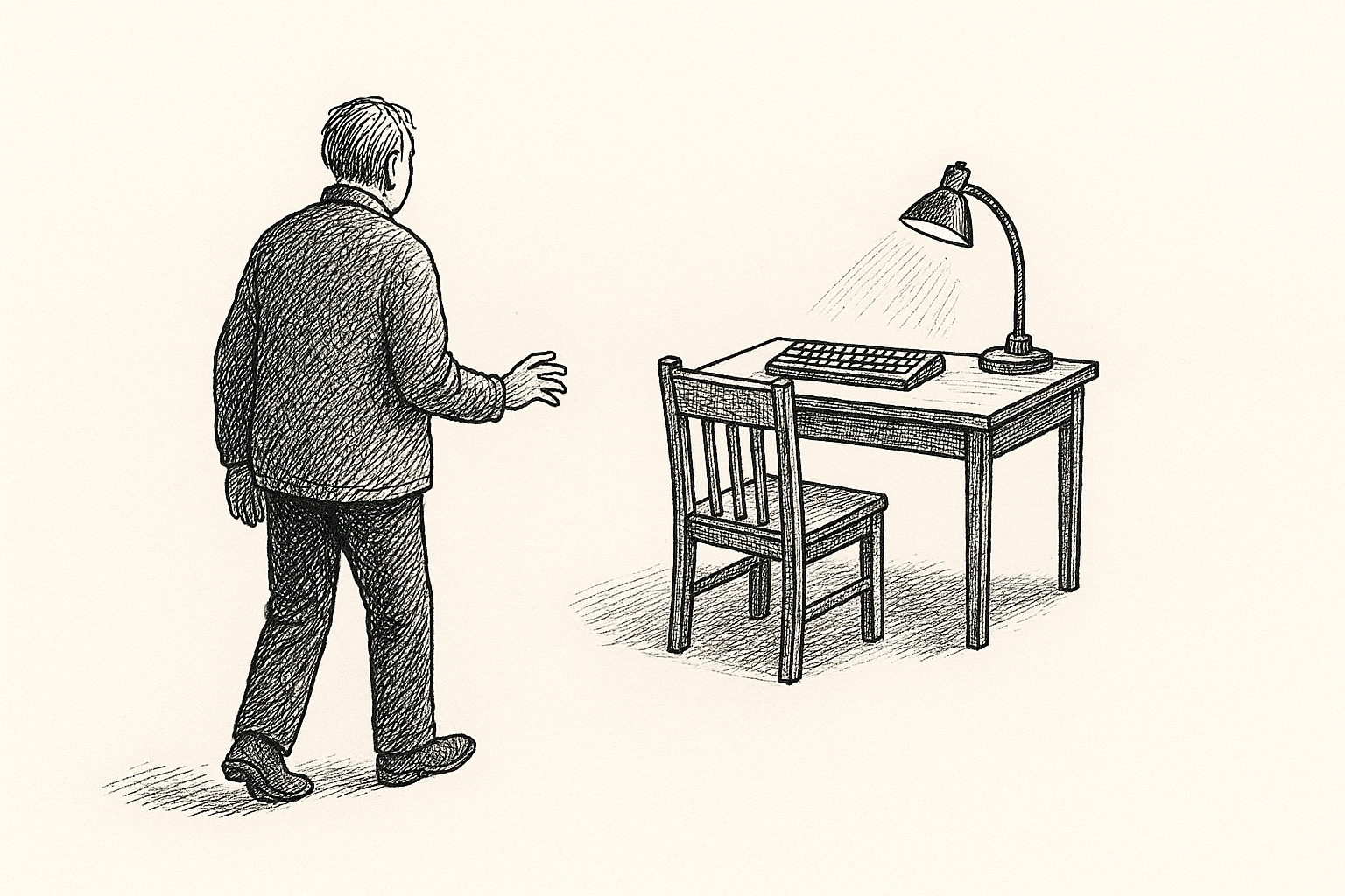 Pen-and-ink illustration: a figure seen from behind, jacket on, walking back toward a simple wooden desk; the desk lamp is already lit and a mechanical keyboard sits ready; the figure's right hand is slightly raised, four paces of open paper between hand and chair.