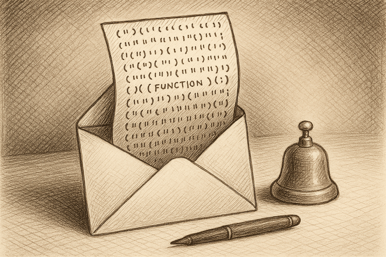 An open envelope on a desk with a folded letter rising from it, the letter's surface densely handwritten with curly braces, quotation marks, and a function name in block capitals, while a small brass bell beside the envelope sits silent with no clapper