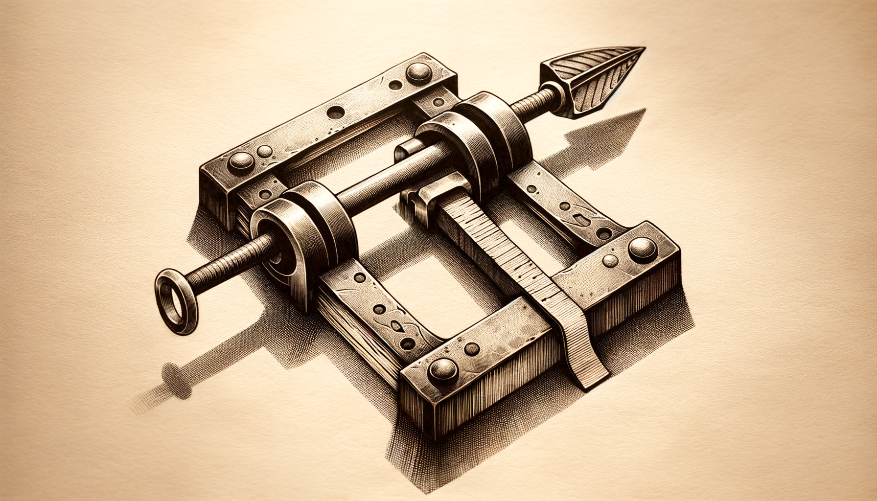 A heavy iron gate latched shut across a sheet of paper mid-feed, its bolt clamping down on a single typed character so the page cannot pass until the obstruction is removed