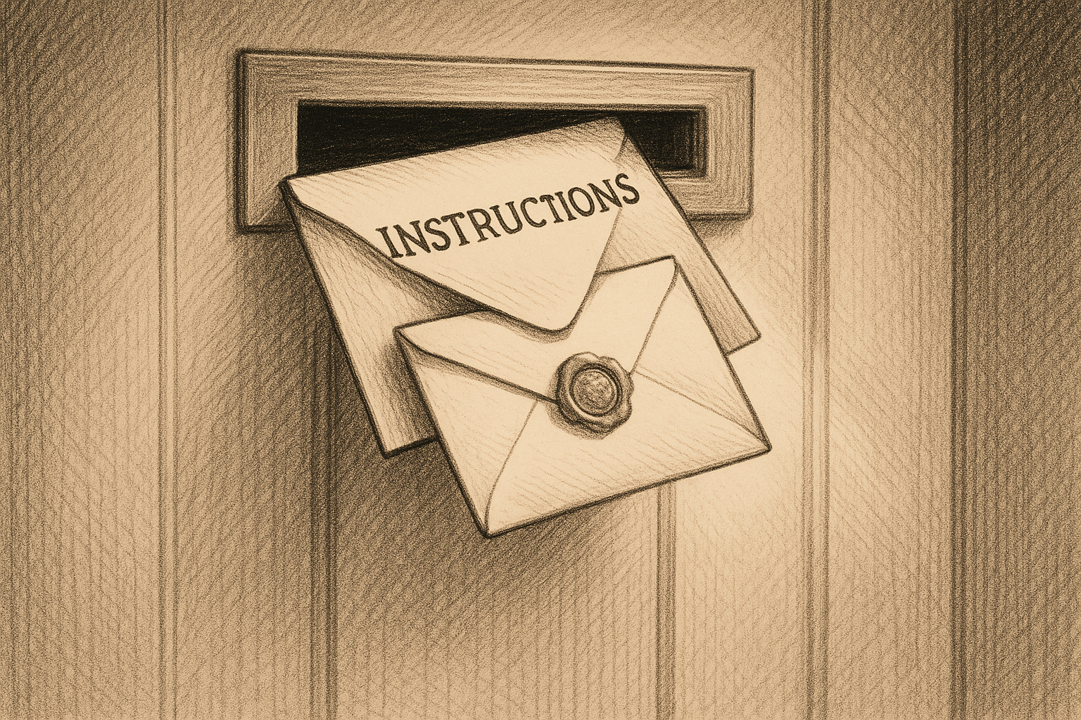 A small sealed envelope tucked inside a larger open envelope labeled "Instructions," the pair mid-passage through a narrow mail slot in a paneled wall, with a wax seal on the inner envelope just visible past the outer envelope's flap