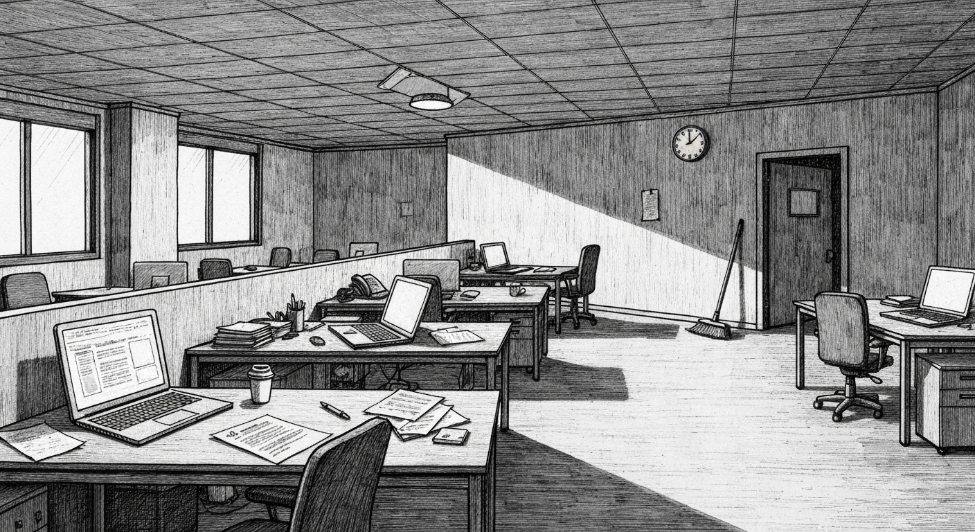 Pen-and-ink illustration of an empty open-plan office at 3 a.m., a single laptop screen lit, a wall clock reading 3:00, no human present. New Yorker style.