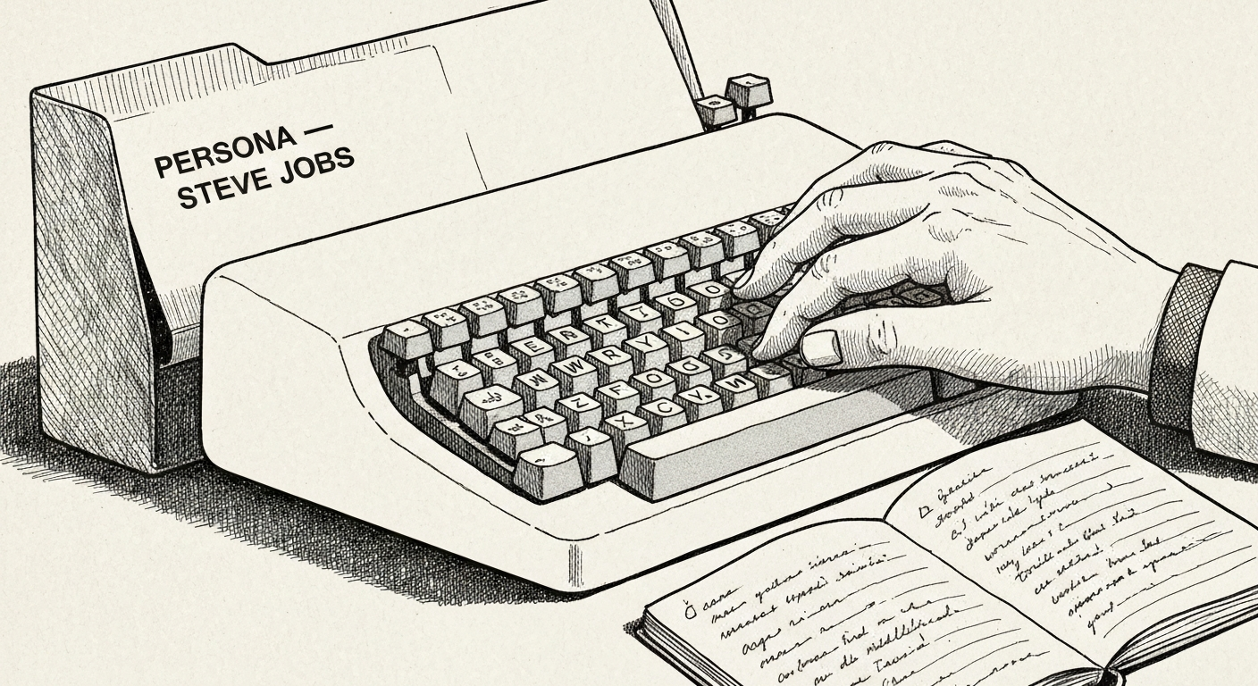 Pen-and-ink illustration of a hand on a mechanical keyboard, beside a manila folder labeled PERSONA — STEVE JOBS, with an open notebook nearby. New Yorker style.