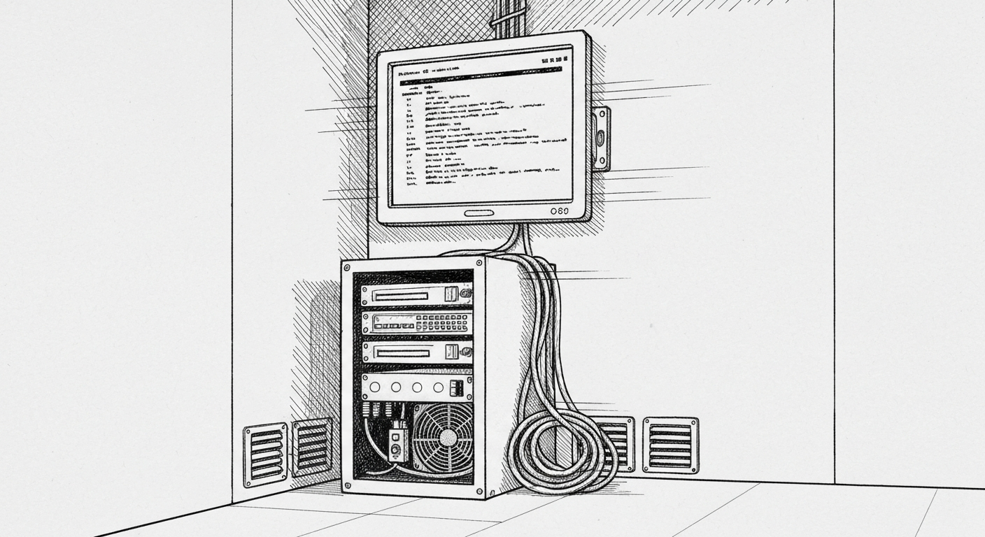 Pen-and-ink illustration of a small server rack at night with a wall-mounted monitor showing scrolling log text. New Yorker style.