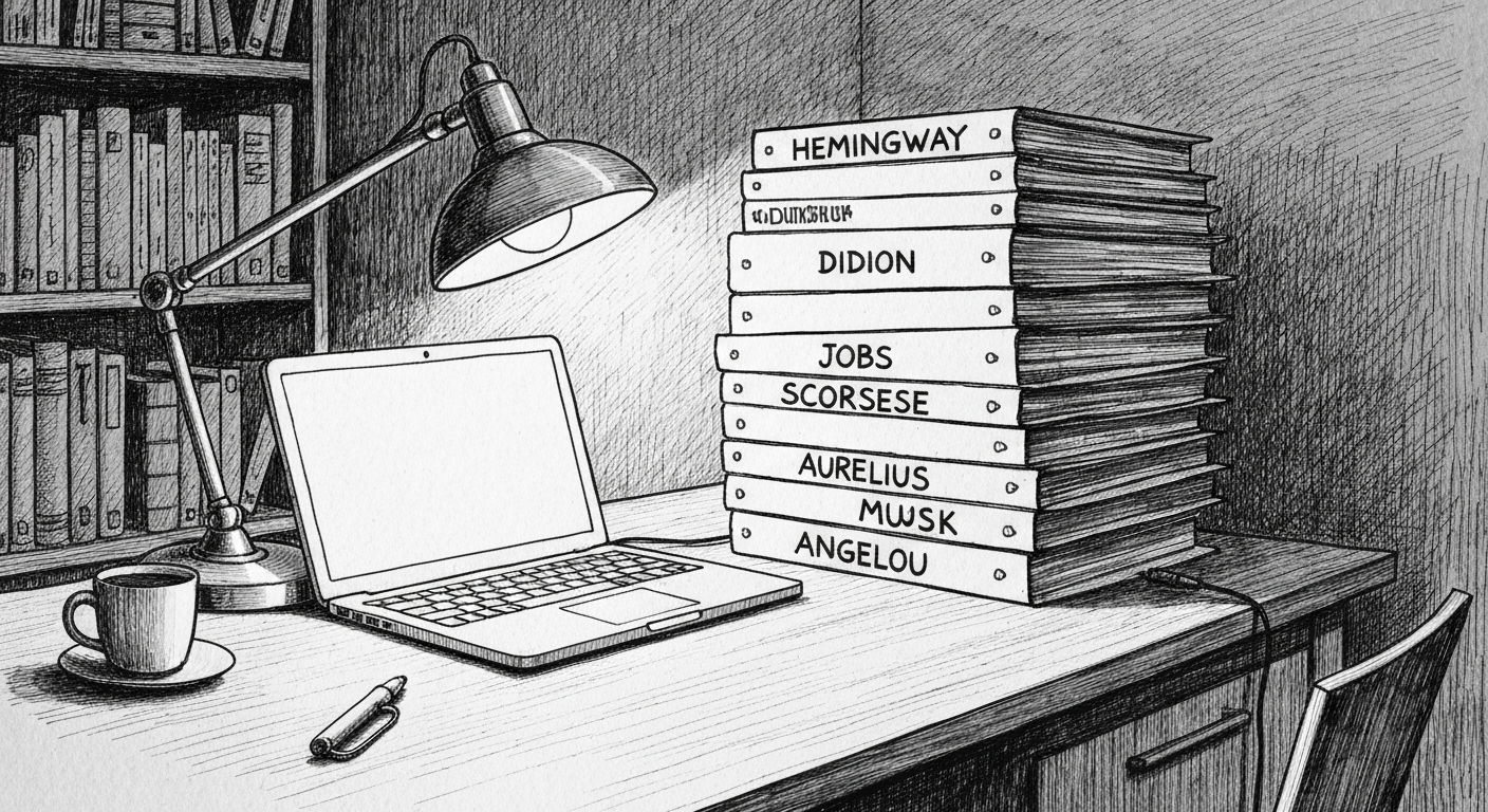 Pen-and-ink illustration of the same desk as the featured image, but now showing a stack of folders labeled with the names of writers and directors. New Yorker style.