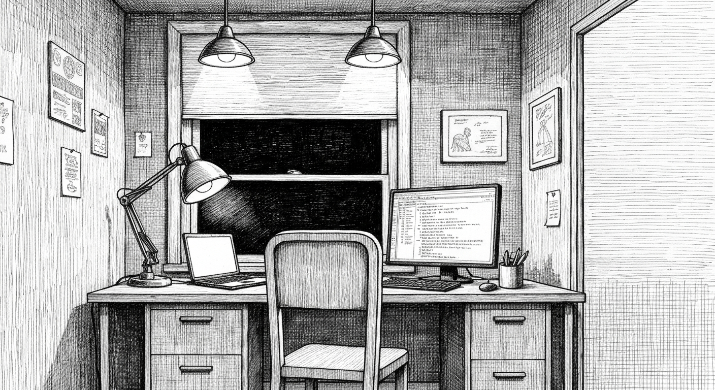 Pen-and-ink illustration: a small writer's office at night, empty chair pushed back, laptop closed on the desk, a second monitor still showing scrolling log text. New Yorker style. Crosshatch shading.