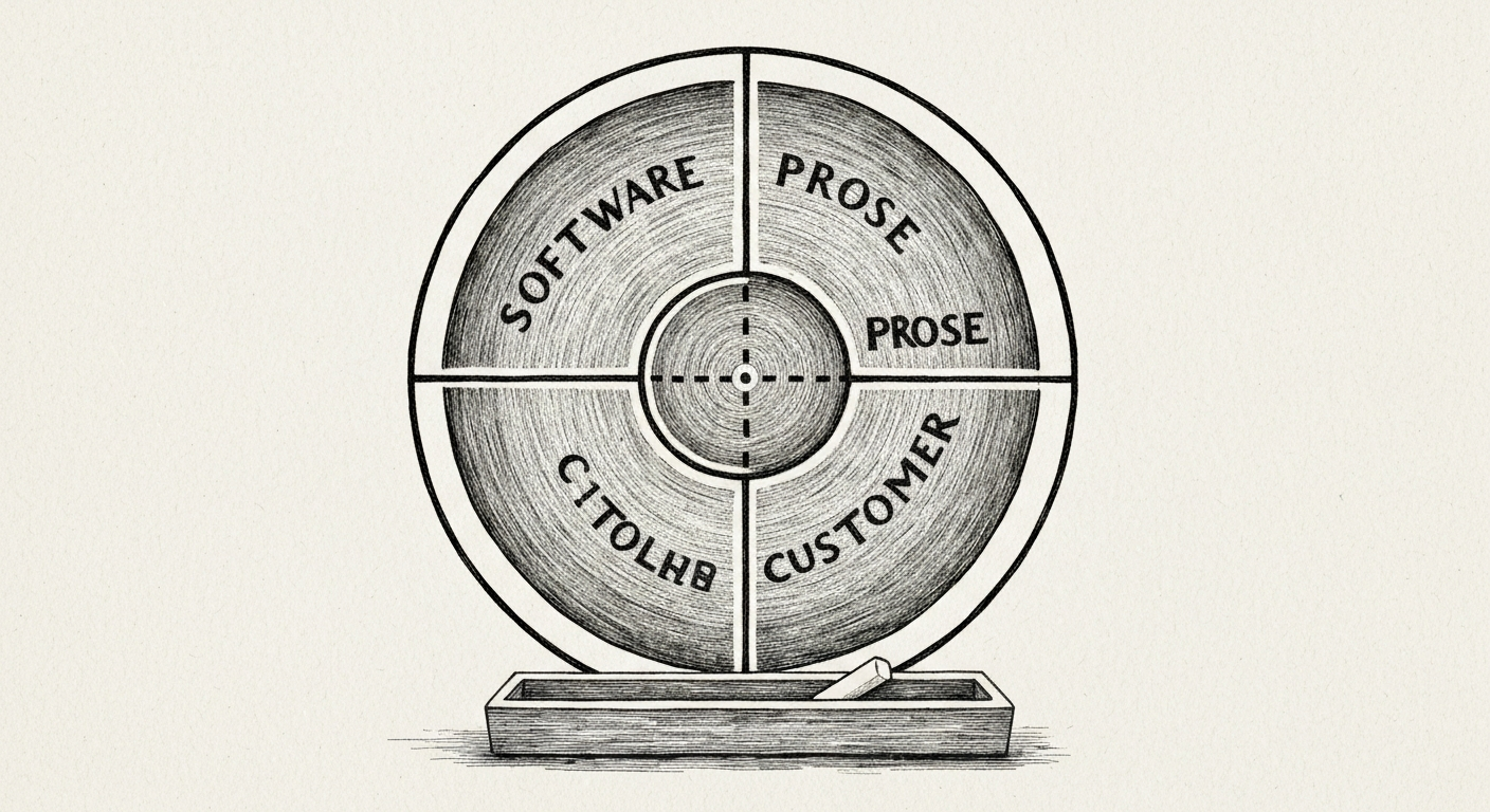 Pen-and-ink illustration of a circular diagram on a chalkboard, four segments labeled SOFTWARE, PROSE, VIDEO, CUSTOMER, with one segment drawn as a dashed line to indicate it has not yet been completed. New Yorker style.