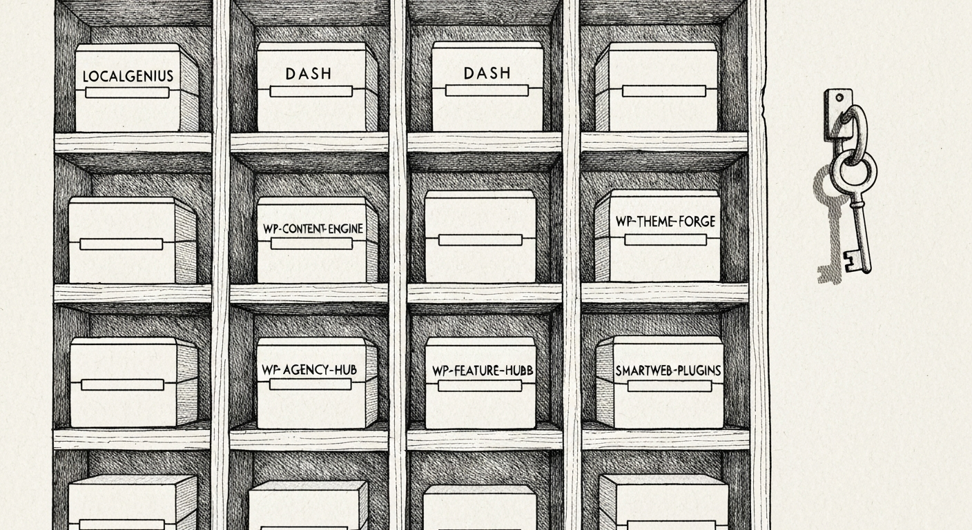 Pen-and-ink illustration of a wall of cubbyholes, each holding a small product box labeled with one of the agency's deliverables. New Yorker style.