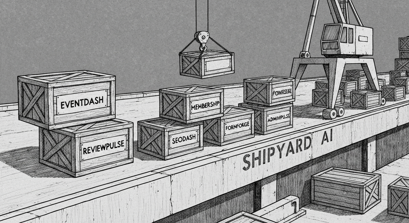 Pen-and-ink illustration of an industrial shipyard scene with crates labeled EVENTDASH, MEMBERSHIP, REVIEWPULSE, FORMFORGE, SEODASH, COMMERCEKIT, ADMINPULSE on a dock stenciled SHIPYARD AI. New Yorker style.