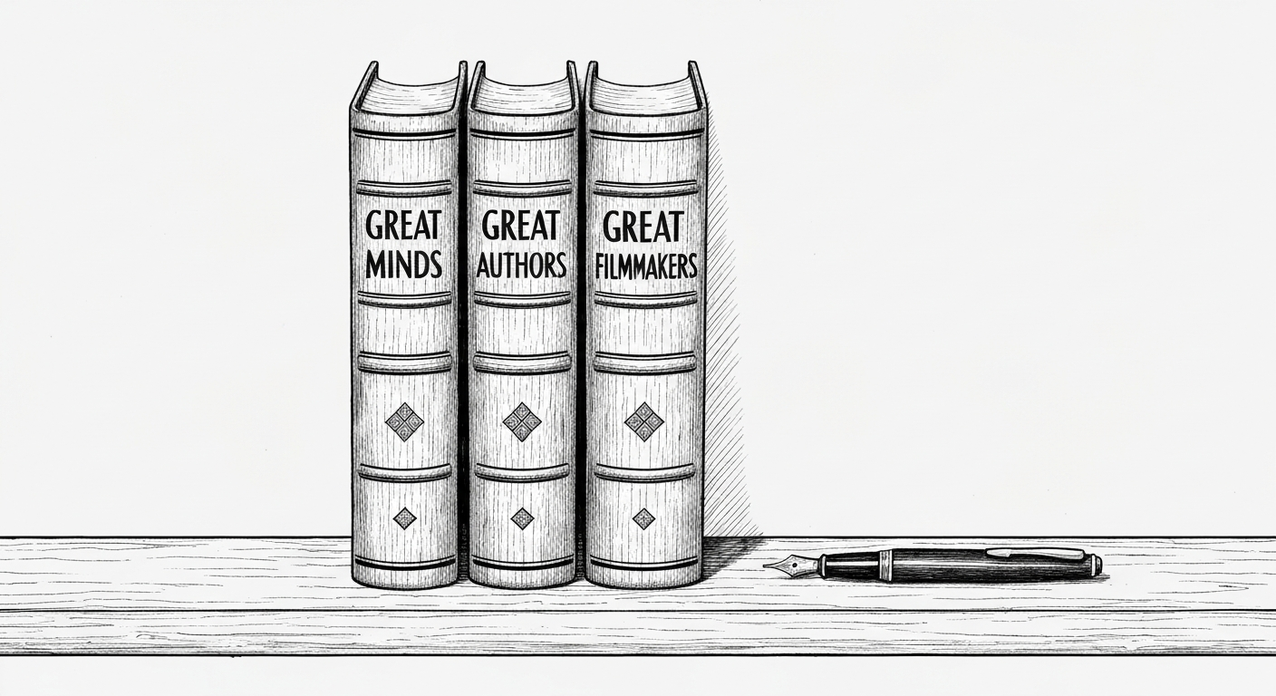 Pen-and-ink illustration of three identical leather-bound books on a shelf, spines lettered GREAT MINDS, GREAT AUTHORS, GREAT FILMMAKERS. New Yorker style.