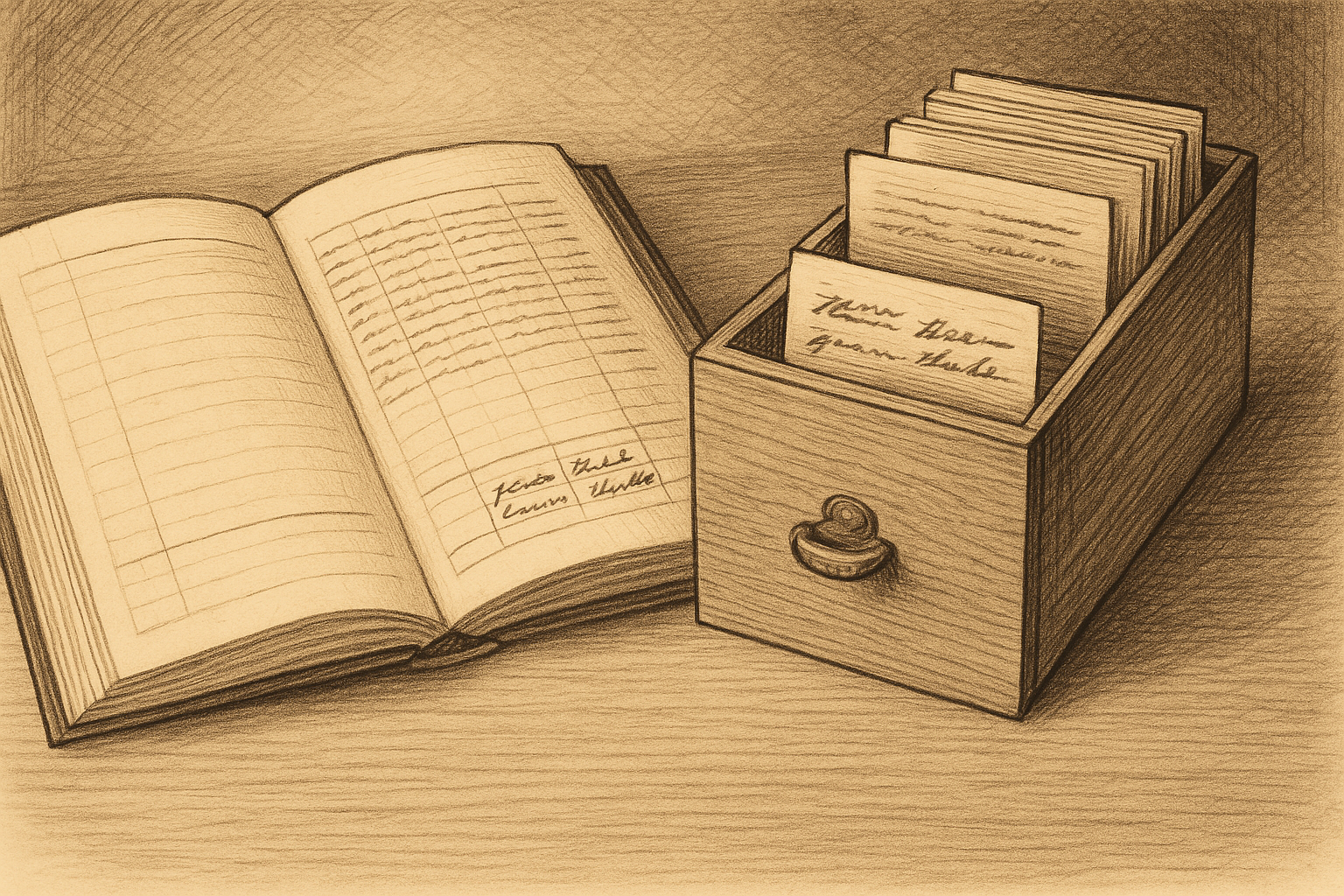An open ledger lies on a desk with two different handwritten entries crammed onto its last line, while beside it a small wooden card-file drawer stands open, each of the same two entries now written on its own index card filed neatly one behind the other