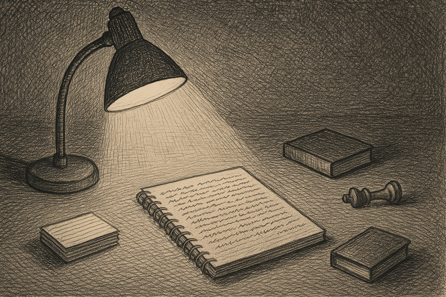 Pen-and-ink illustration: a wide wooden desk seen from slightly above, with a laptop open at center, a worn notebook to the left, and a pegboard of labeled tools on the wall behind — all lit by a single overhead lamp.