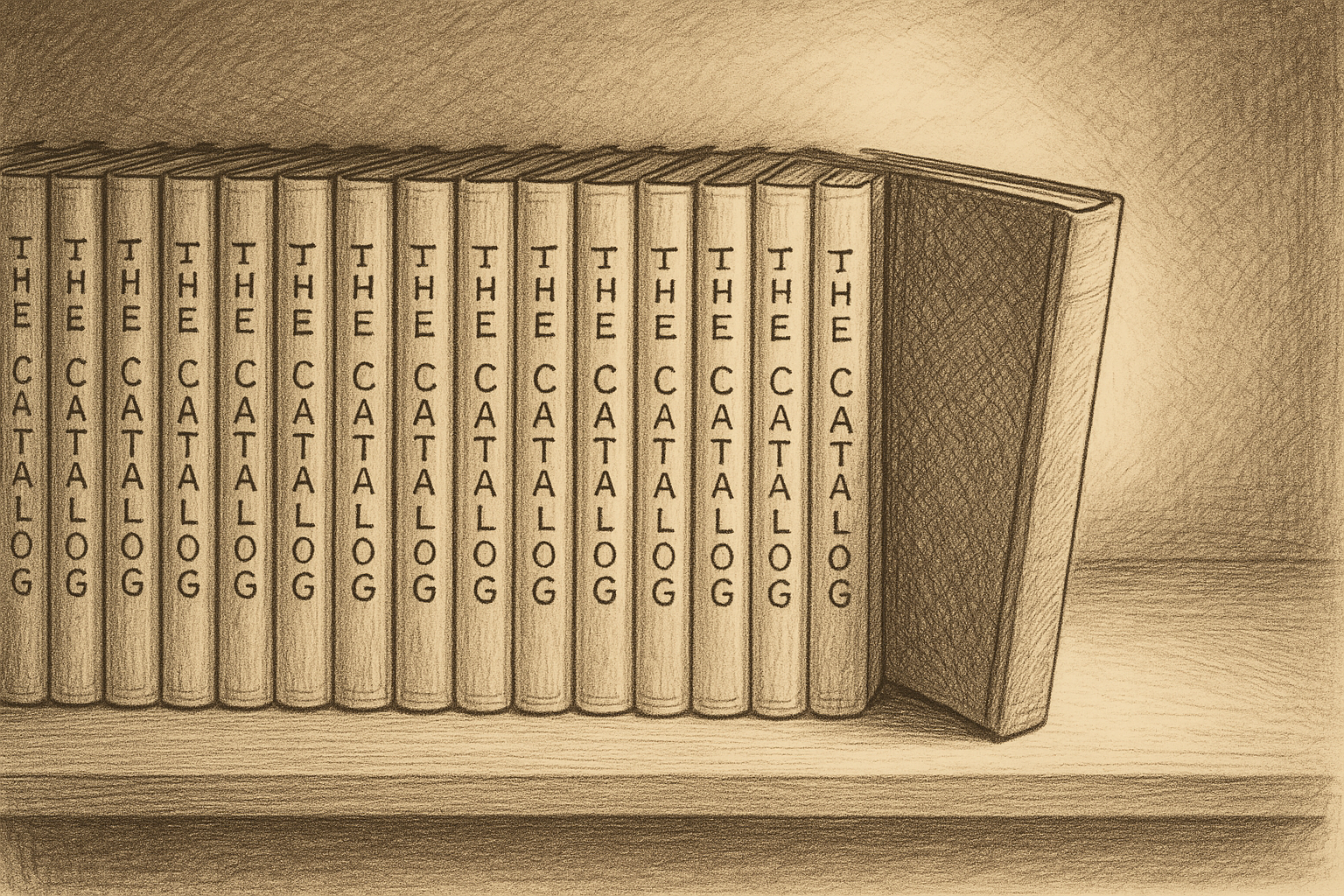 A long shelf of identical bound notebooks, each spine lettered "THE CATALOG" in the same hand, with one differently-bound notebook at the far end tilted slightly outward as if waiting to be pulled