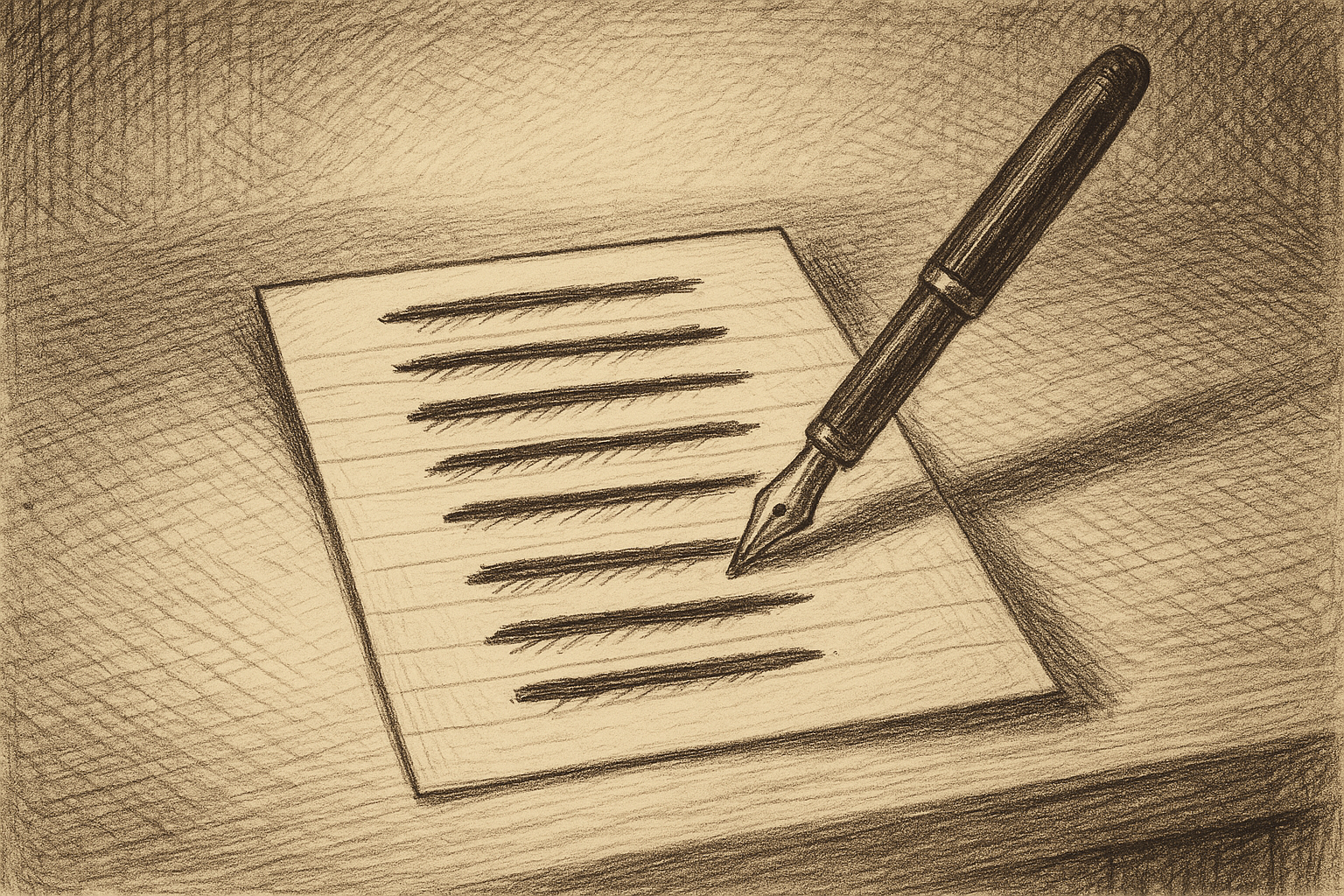 A single index card lying on a desk, its face covered with eight handwritten labels stacked vertically, the top seven each struck through with a single line, the eighth in the process of being crossed out by a poised fountain pen