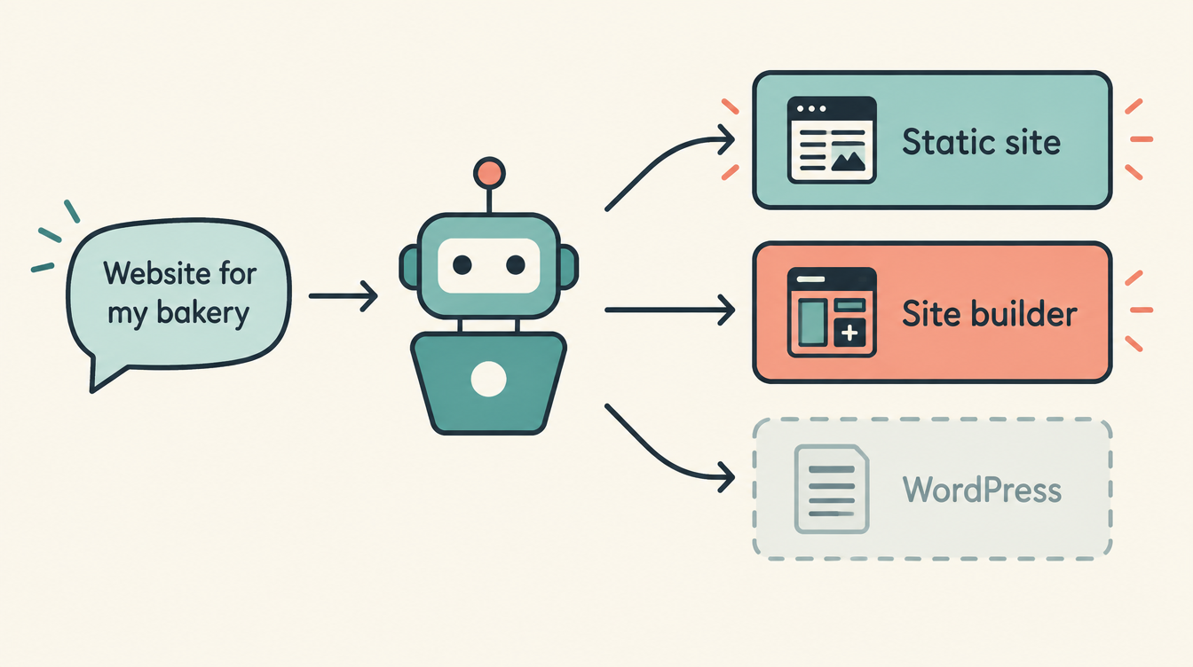 A request for a bakery website goes to a robot, which can send it to a static site, a site builder or WordPress, the last drawn faded