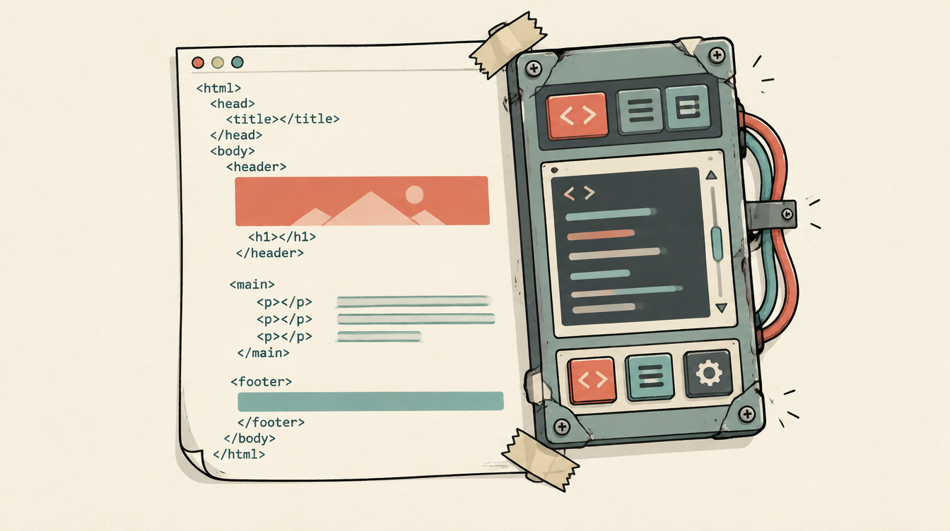 A page of hand-written HTML with a bulky editing console strapped to its side with tape and cables