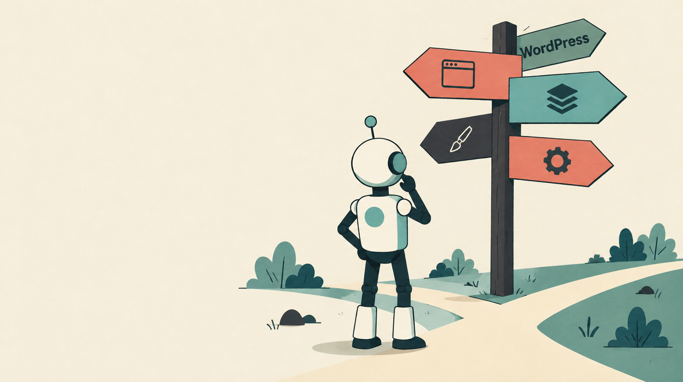 A cartoon robot stands at a crossroads signpost with four arrows, one of them labelled WordPress, deciding which way to go