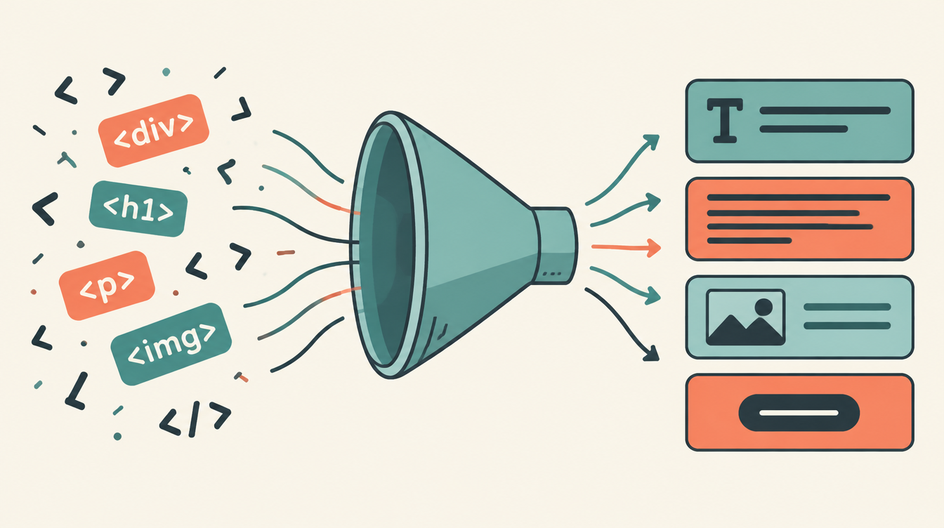 HTML tags like div, h1, p and img pour into a funnel and come out as a row of neat WordPress content blocks
