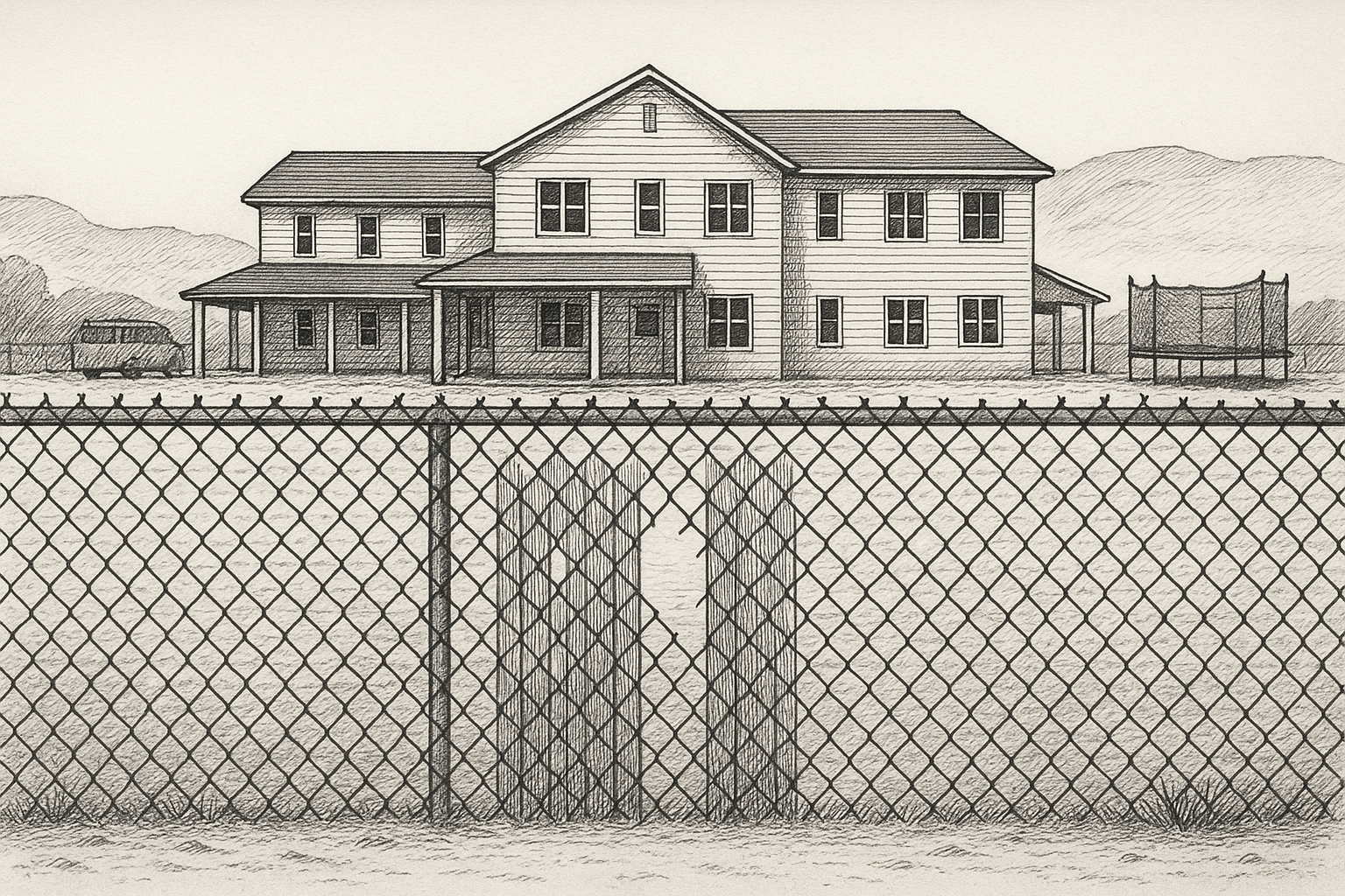 Chain-link gate and compound houses, pen-and-ink editorial illustration.