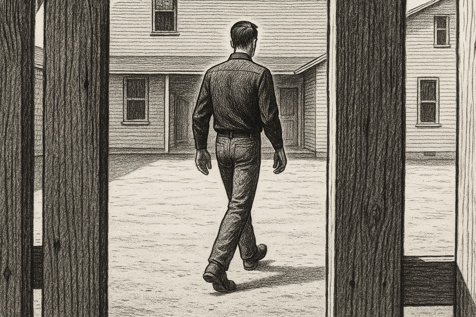 Jared crossing the dirt yard, pen-and-ink editorial illustration.