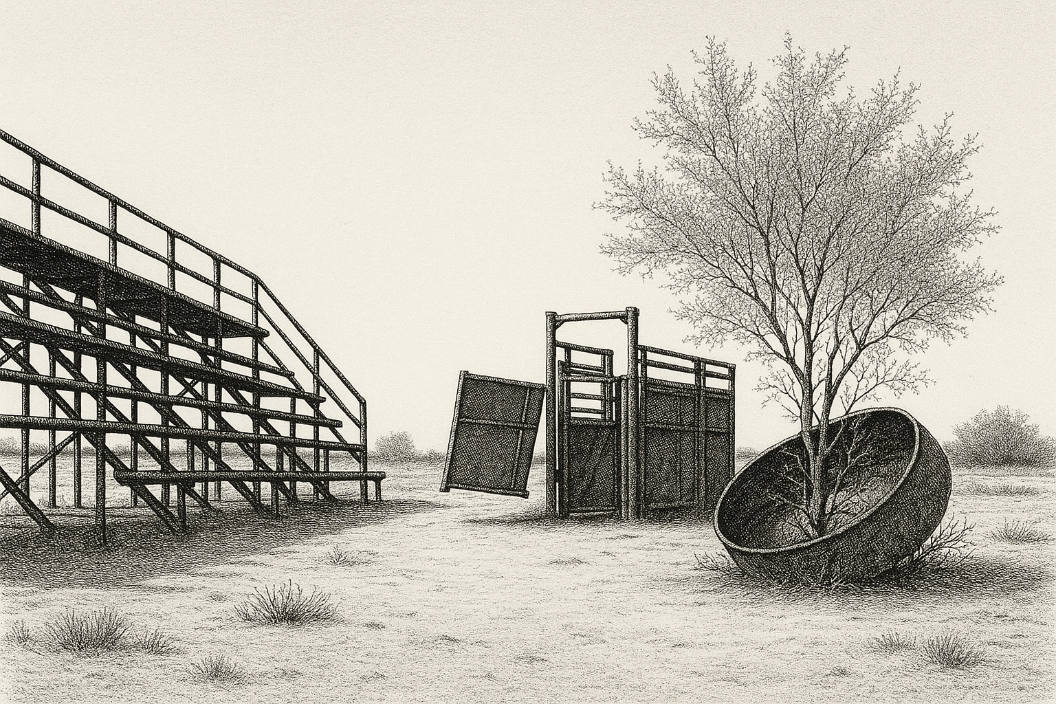 Rusted bleachers at the abandoned rodeo grounds, pen-and-ink editorial illustration.