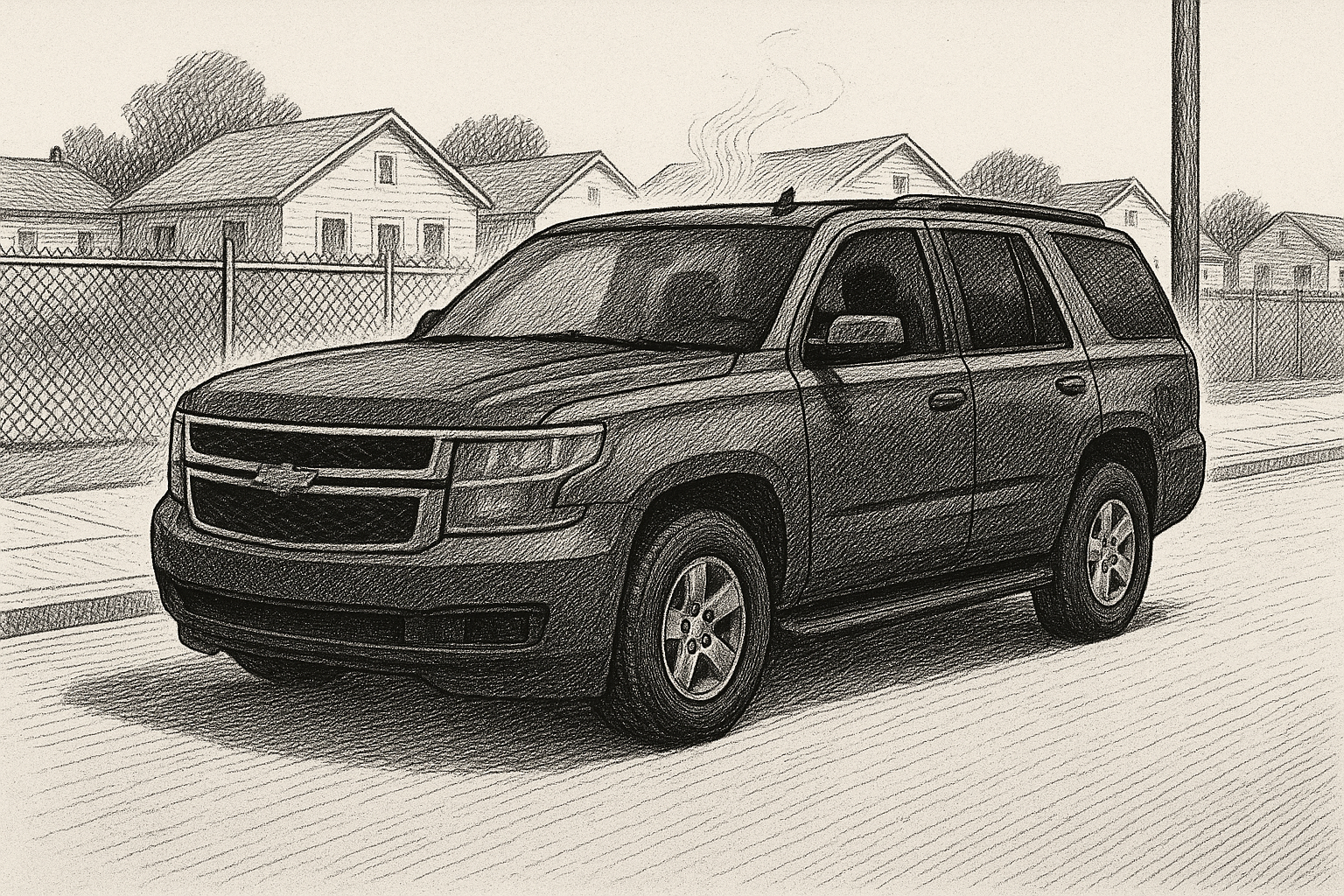 Audrey's Tahoe on 700 West, pen-and-ink editorial illustration.
