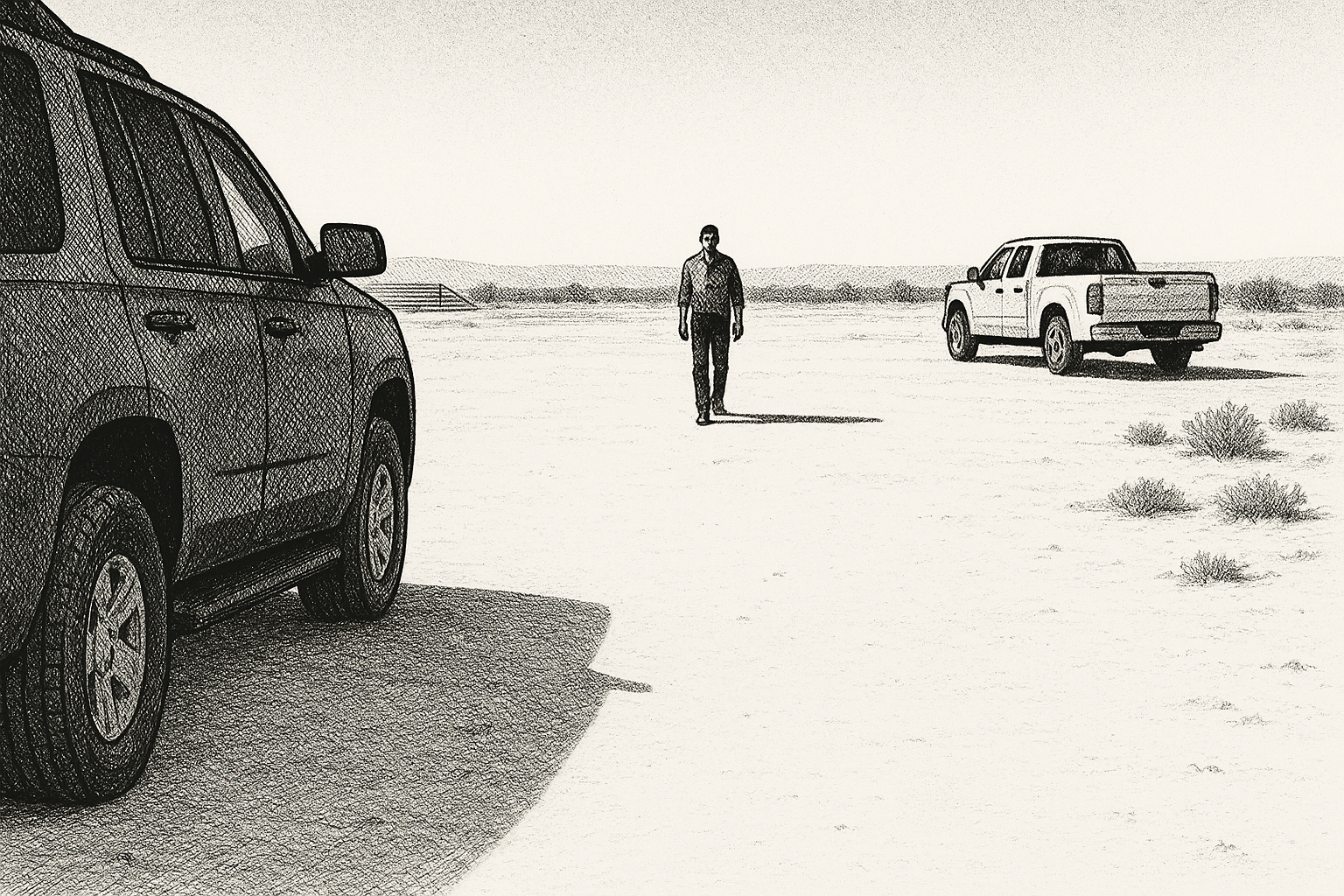 Jared walking the fifty yards between trucks, pen-and-ink editorial illustration.