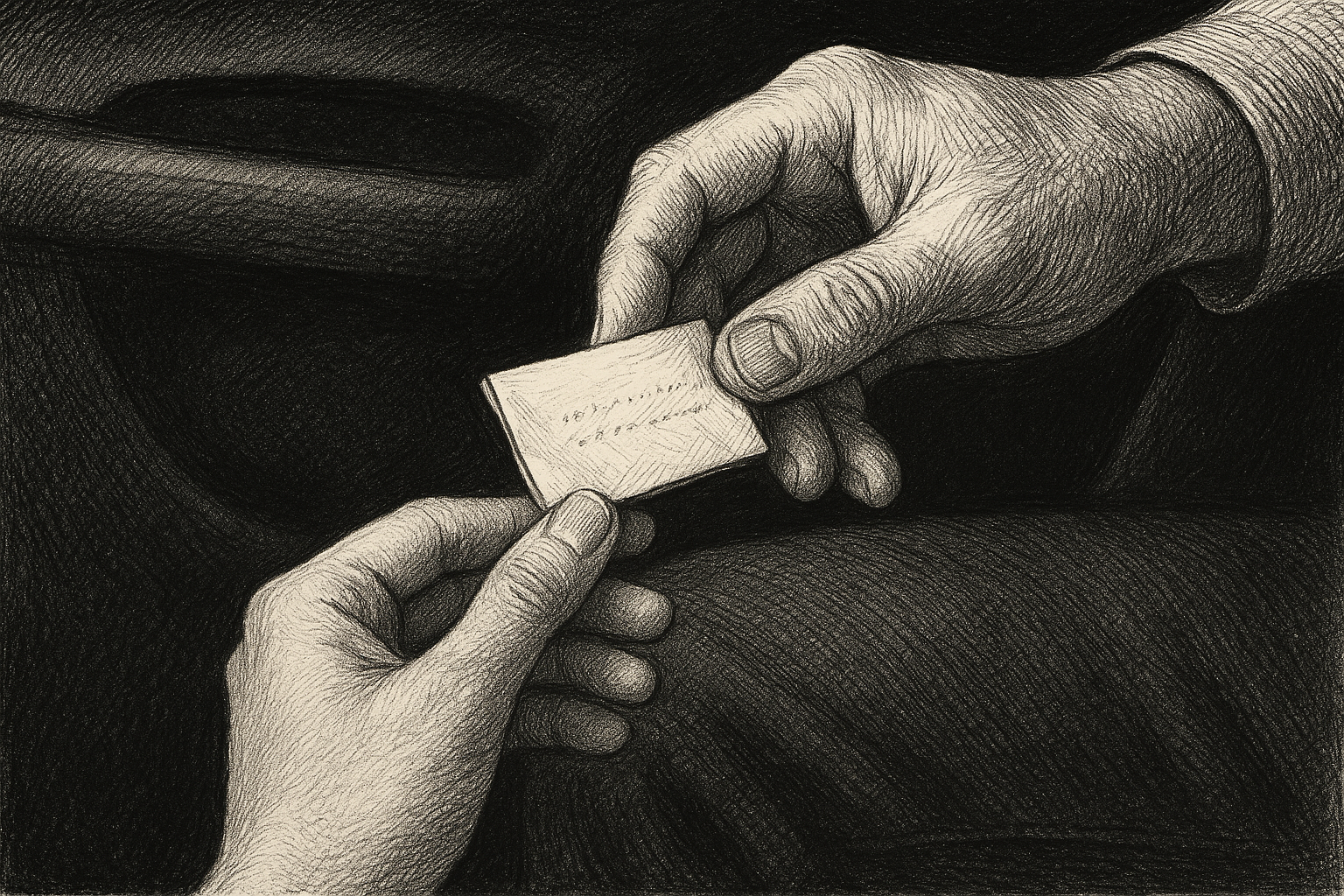 Folded slip of paper, hand holding it, pen-and-ink editorial illustration.