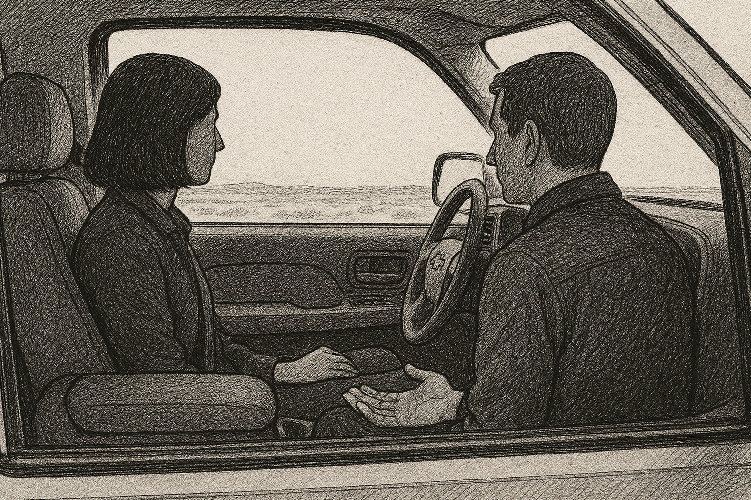 Two figures in a parked truck cab, pen-and-ink editorial illustration.