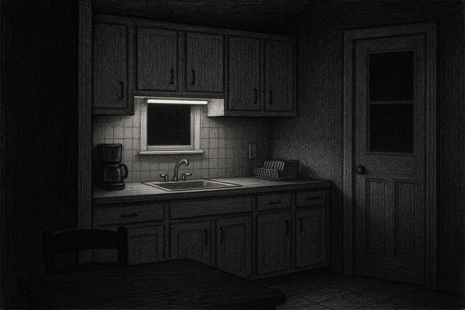 Under-cabinet kitchen strip light, dark house, pen-and-ink editorial illustration.